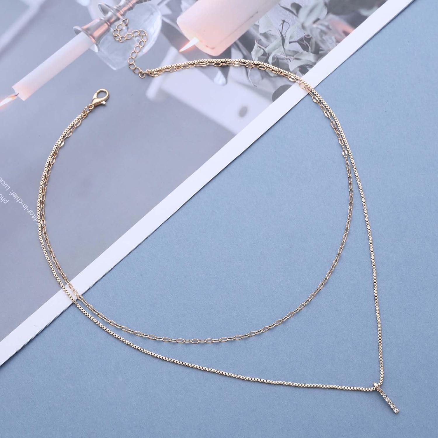Bohemian Layered Crystal Bar Choker Necklace Gold Cz Horizontal Bar Pendant Necklace Round Snake Bone Chain Necklace Small Bar Sleek Chain Necklace Jewelry for Women - Image 5