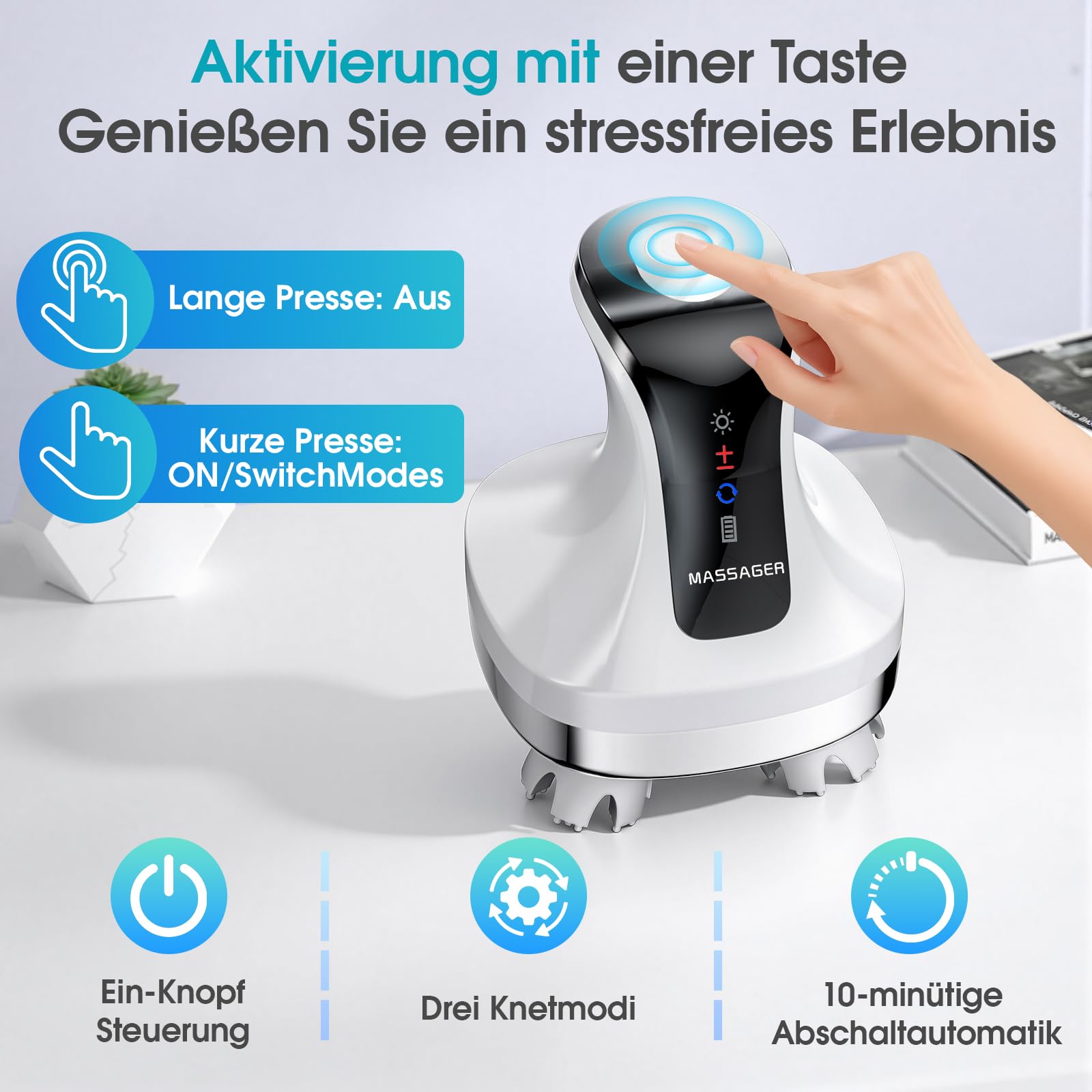 Kopfhautmassagegerät Elektrisch 4D, Nacken- und Schultermassagegerät mit 108 Silikon-Knetknoten, Kabelloser Körper-Massager für Beine & Rücken, IPX7 Wasserdicht, 4 Modi, Stressabbau - Weiß