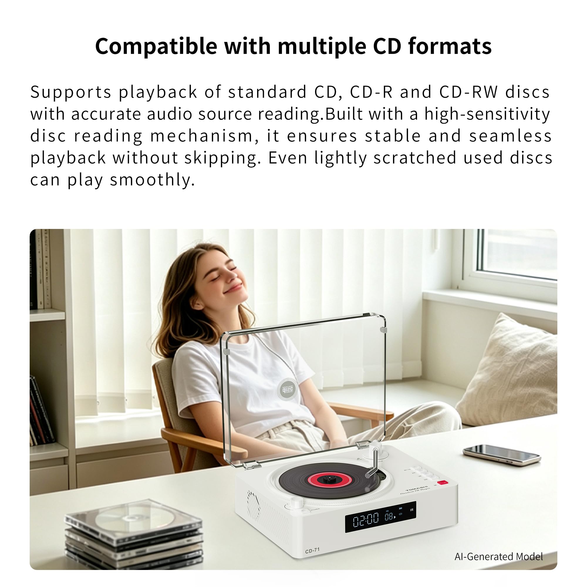 TOMASHI Lettore CD con Bluetooth, coperchio antipolvere trasparente, display HD, ricarica di tipo C, supporta CD/MP3/WMA/TF, jack per cuffie, telecomando incluso (bianco)