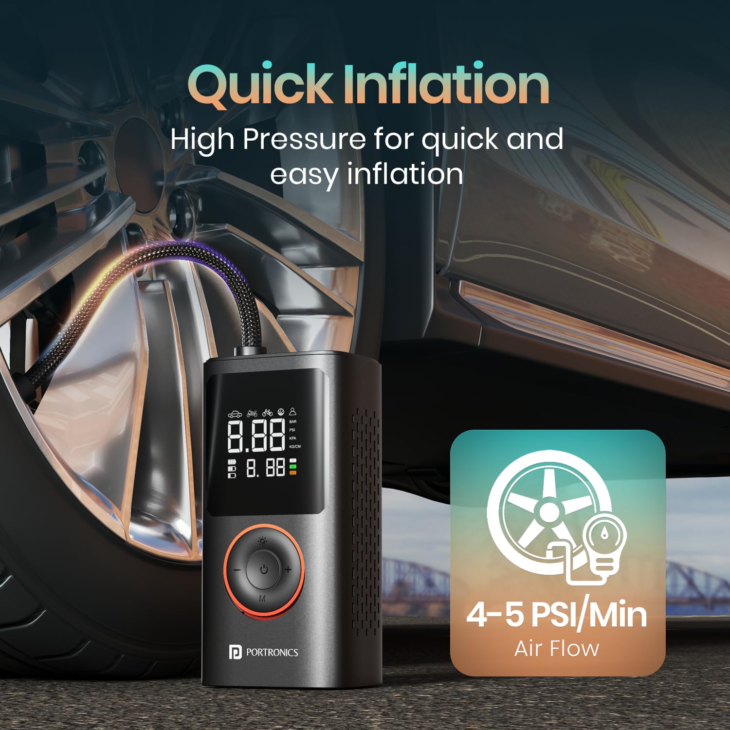 Portronics Vayu, 2-in-1 Tyre Inflator, Rechargeable & Corded Power, Preset Inflation Modes, Digital Display, Flashlight Torch with SOS, Auto Shut-Off, Multi-Purpose Use (Black) - Image 8 thumbnail