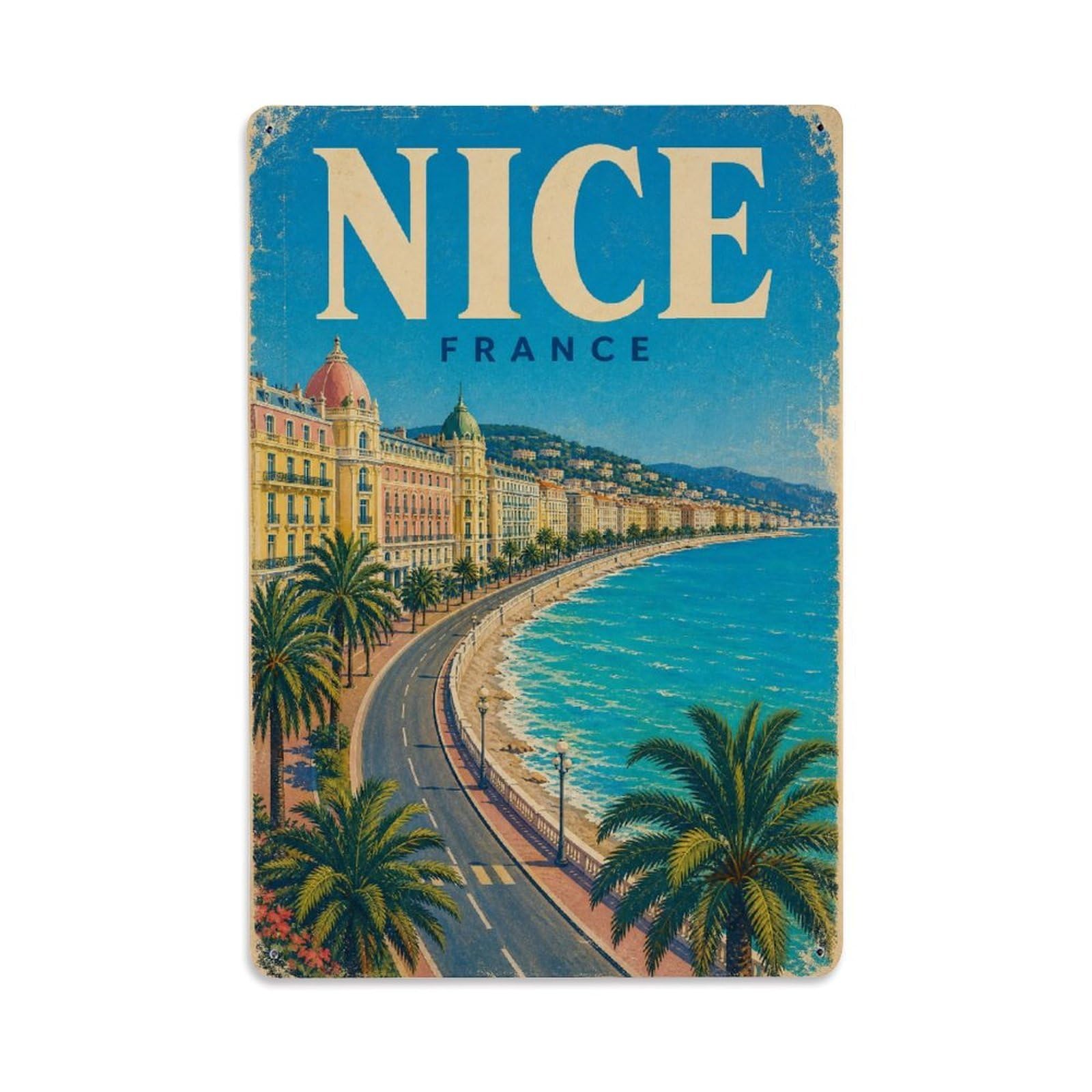 Retro Travel France Nice Metal Tin Sign Plaque Wall Decor for Cafe, Club Bar, Office, Garden Metal Poster 8x12Inch