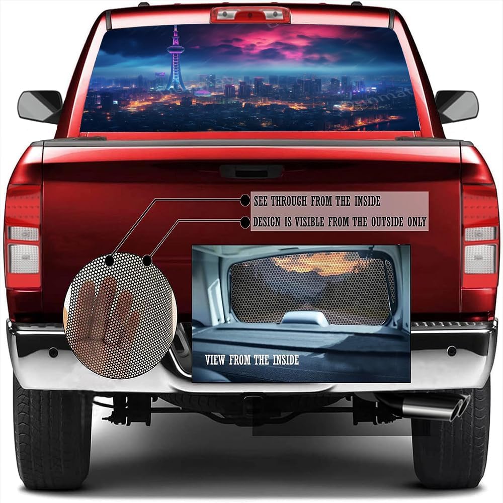 Fantastic City Rear Window Decals for Trucks, Modern Tower Night View Back Window Tint Graphic Perforated Vinyl Truck Stickers,Pickup Window Decal 66 x 22 inch