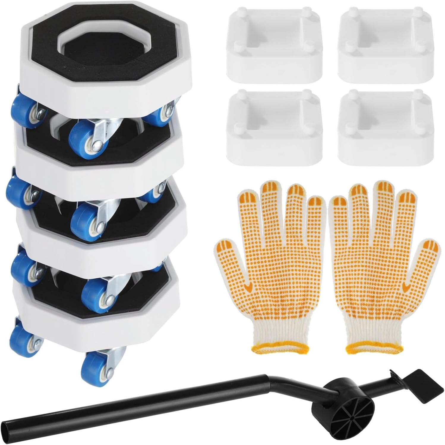 11 Pcs Appliance Mover Tool Kit, Includes 21.7in Carbon Steel Pry Bar, Dolly Sliders with 360° Rotation Silent Wheels, Height-Increasing Pads, Anti-Slip Gloves, for Washing Machines and Refrigerators