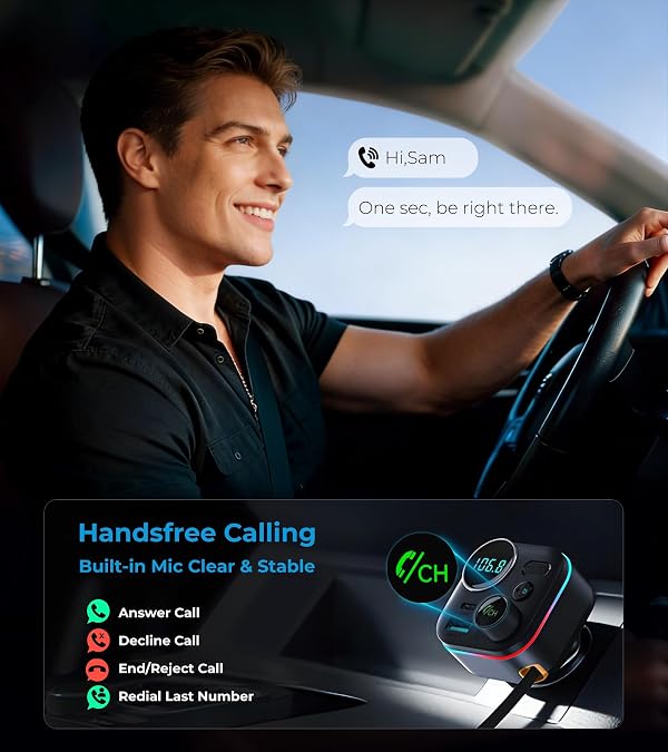 Bluetooth 5.4 FM Transmitter, 72W Car Charger with 45W Retractable USB-C PD by LIHAN - Used condition - Image 5