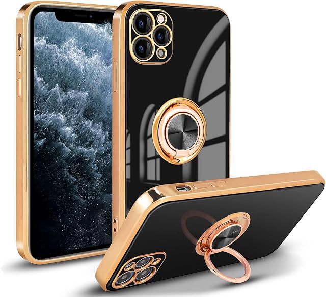 Newseego Compatible with iPhone 11 Pro Case, Electroplated Soft Silicone Shockproof iPhone 11 Pro Protective Cover 360 Degree with Rotation Magnetic Car Finger Ring Holder for iPhone 11 Pro-Black
