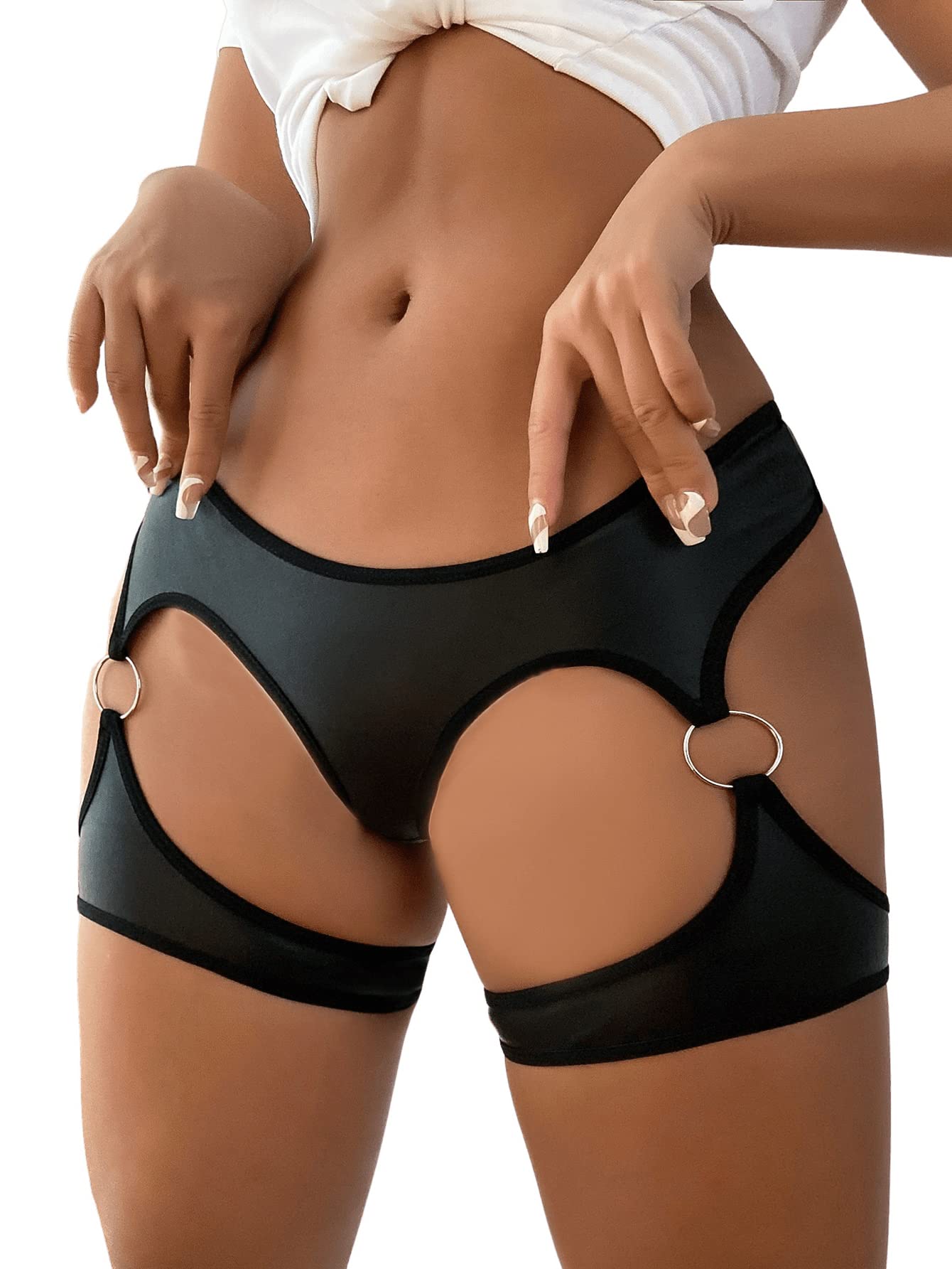 quecy Women's PU Leather Cut Out Ring Linked Shorts Garter Thong Panty Black-picture-4