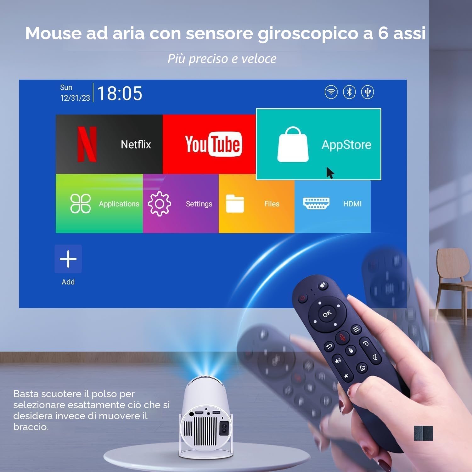Proiettore 4K portatile, mini proiettore video 1080P FHD compatibile con Android e Netflix, WiFi 6, BT 5.0, rotazione a 180°, videoproiettore con correzione automatica del trapezio