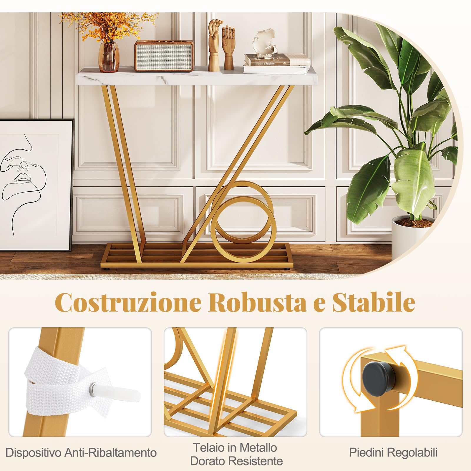 COSTWAY Tavolo Consolle in Finto Marmo con Struttura Metallica Geometrica