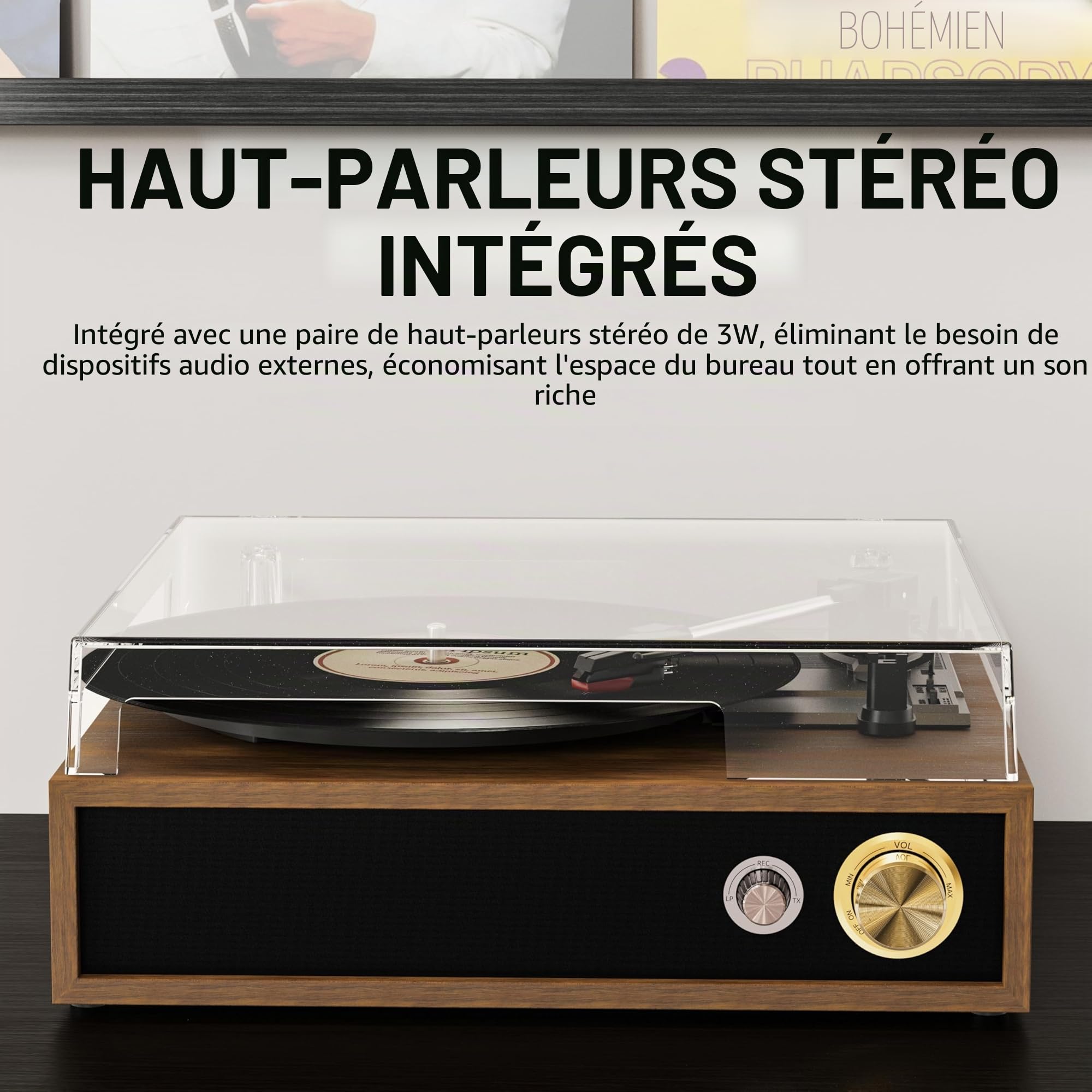 FYDEE Platine Vinyle avec Lecture et Enregistrement USB, Bluetooth Bidirectionnel, Vitesses 33/45/78 Tours, Haut-parleurs Stéréo Intégrés, Sortie RCA et Couvercle Anti-poussière Transparent - Teck