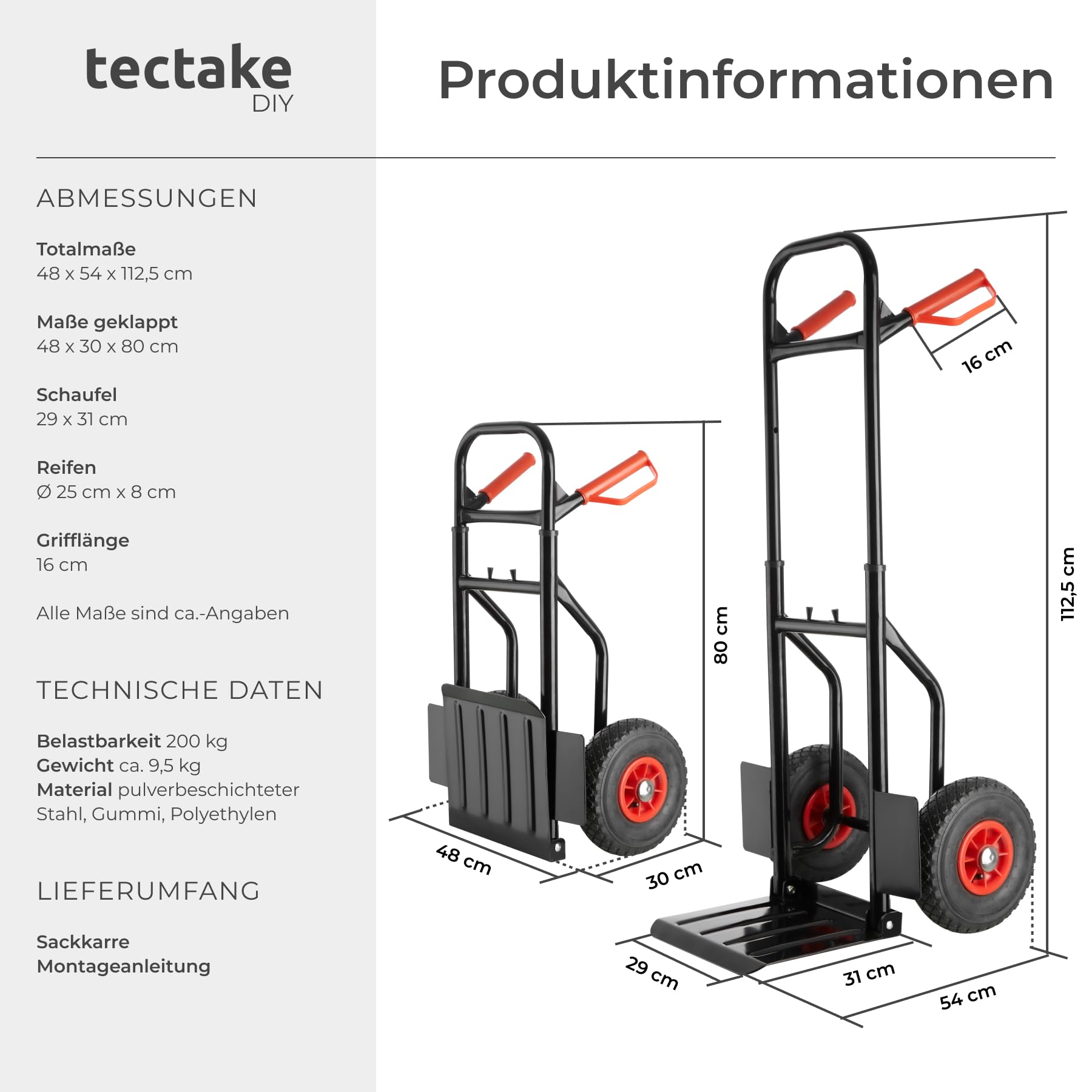 tectake® Sackkarre klappbar Ladeschaufel, Sackrodel mit Stahlrahmen, mit Luftreifen, belastbar bis 100 kg, Transporter für Getränkekisten, für Umzug