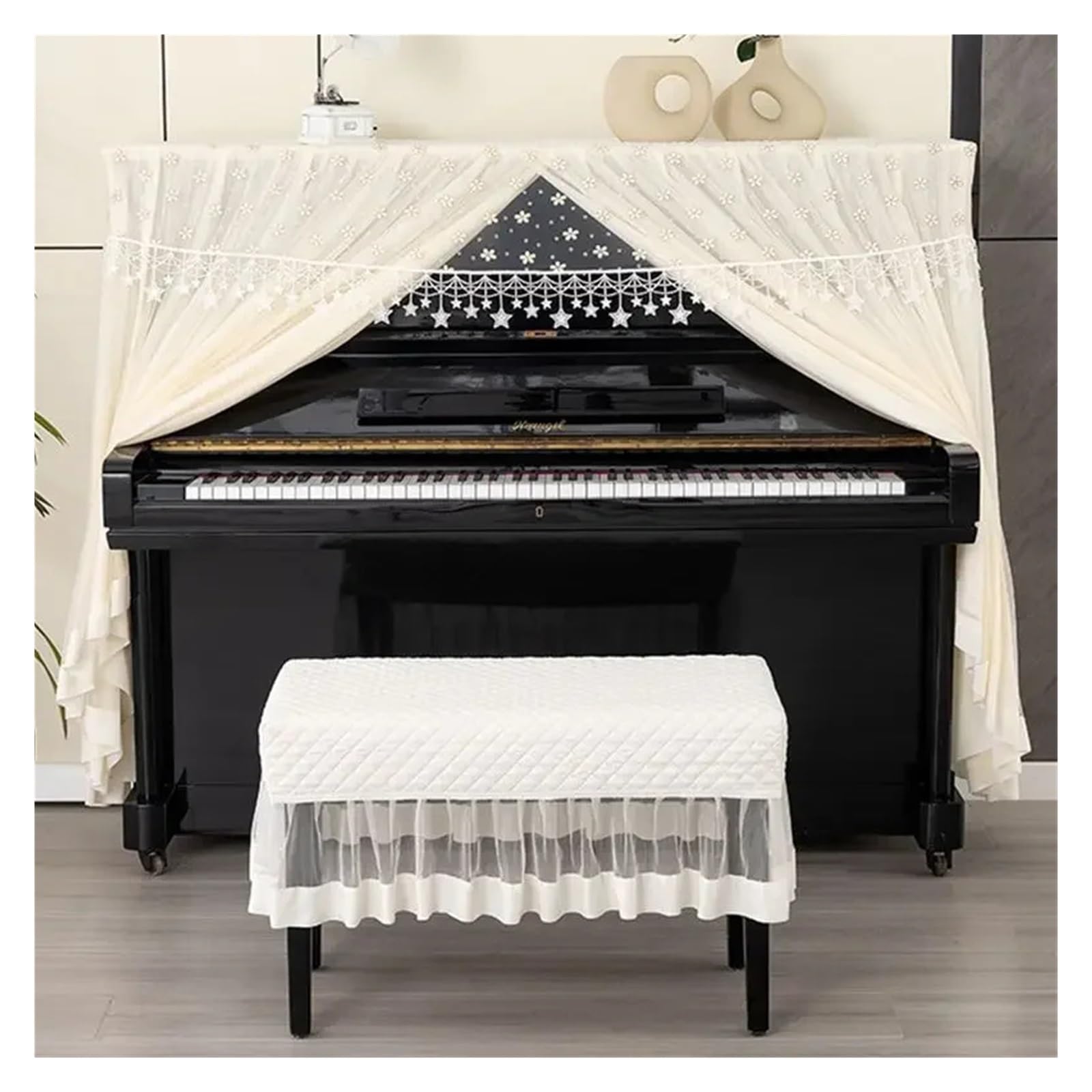 Copripianoforte pizzo volant Copertura antipolvere for pianoforte, tessuto in pizzo pieno, comodo panno tutto compreso, non c'è bisogno di prenderlo(Beige,38x78cm chair)
