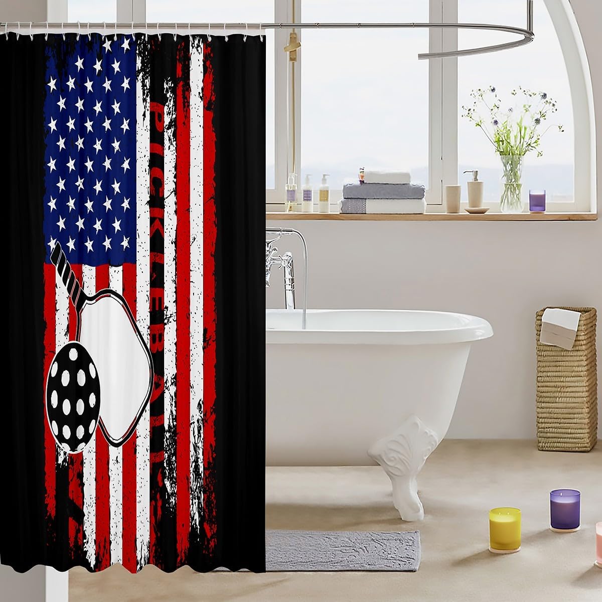 jejeloiu Pickleball Bath Curtain Boys Girls 72"x78" American Flag Shower Curtain for Kids Women Men Pick Racket Pattern Bathroom Shower Curtain Set Sports Game Kids Bathroom Accessories