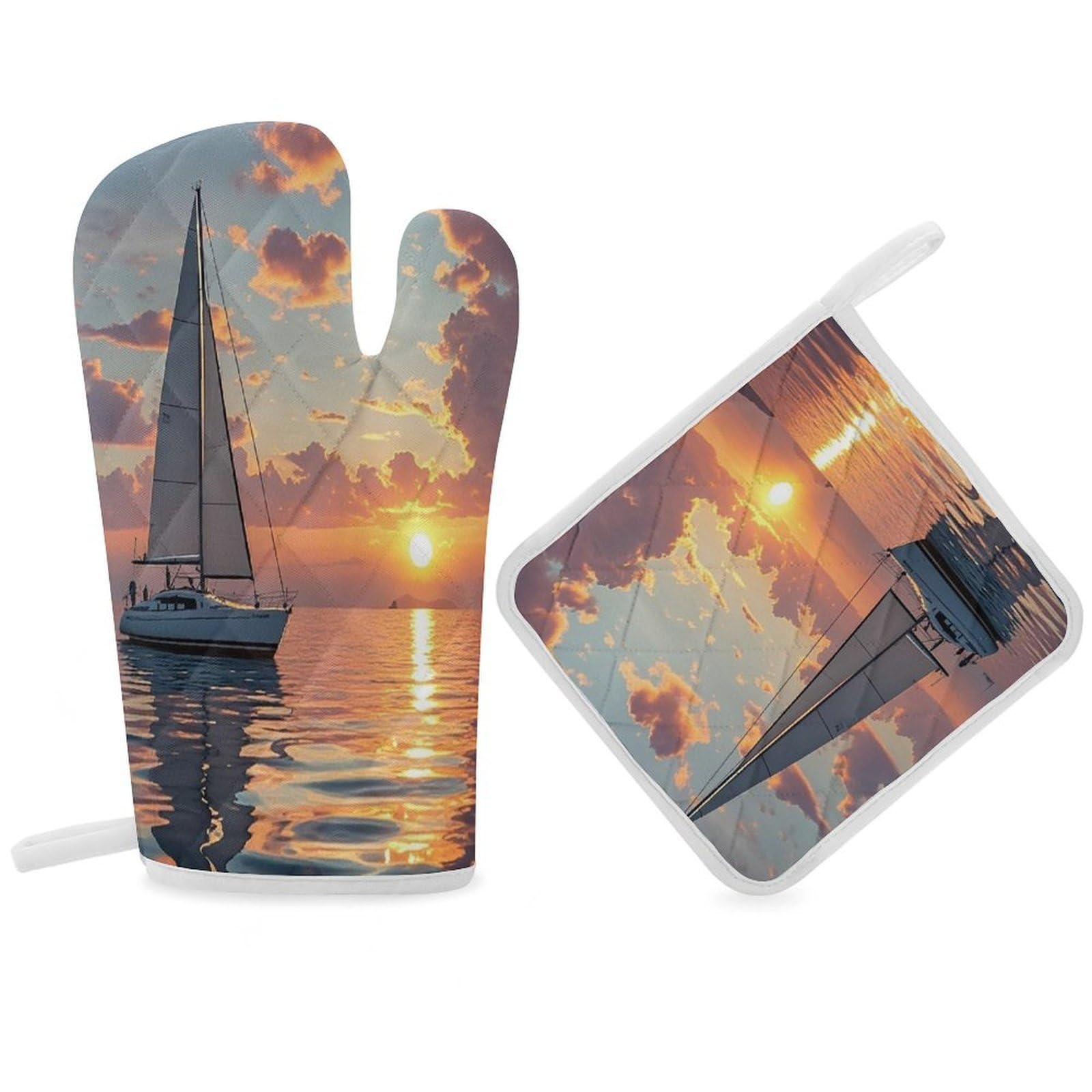 Sailboat and Sunset Oven Mitt Gloves and Heat Insulation Pads Double-Layer Thickened Heat Insulation Mitt Temperature Oven Gloves for Cooking Baking Grilling