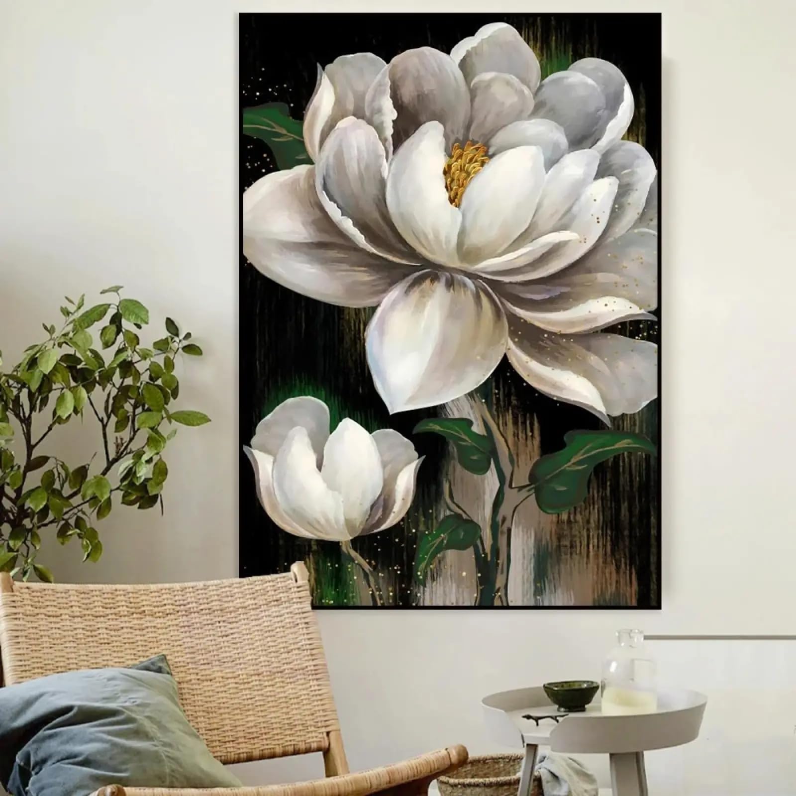 Toile abstraite fleurs blanches 70x100 pour habiller un mur vide
