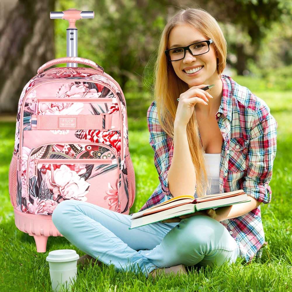 3Pcs Rolling Backpack for Girls Women, Travel Roller Backpacks with Wheels for Adults, Teens College Folwer Wheeled Bookbag with Lunch Box(Pink) - Image 8