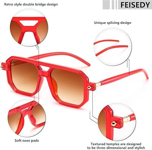 Miniatura 76 de Feisedy - B2622 - Lentes de sol estilo aviador, cuadrados, clásicos de los años 70, unisex, con montura clásica retro y elegante, UV400 Marco