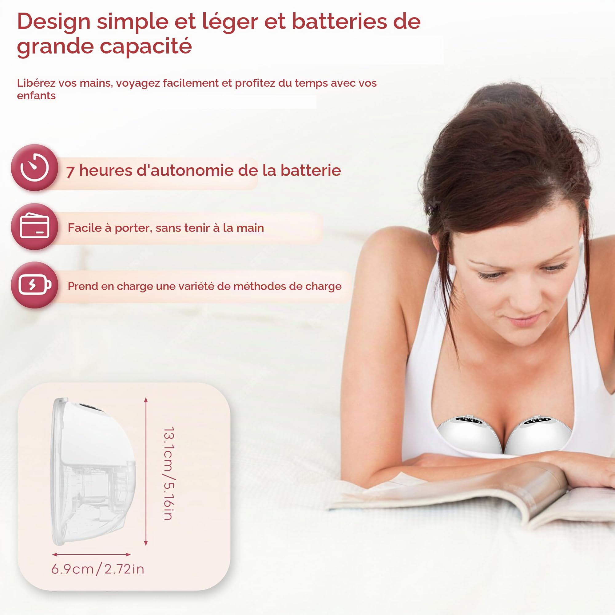 Tire-lait électrique portable, tire-lait électrique mains libres, 4 modes, 12 niveaux, bride confortable, forte puissance d'aspiration de 300 mmHg, pompage silencieux, avec accessoires de