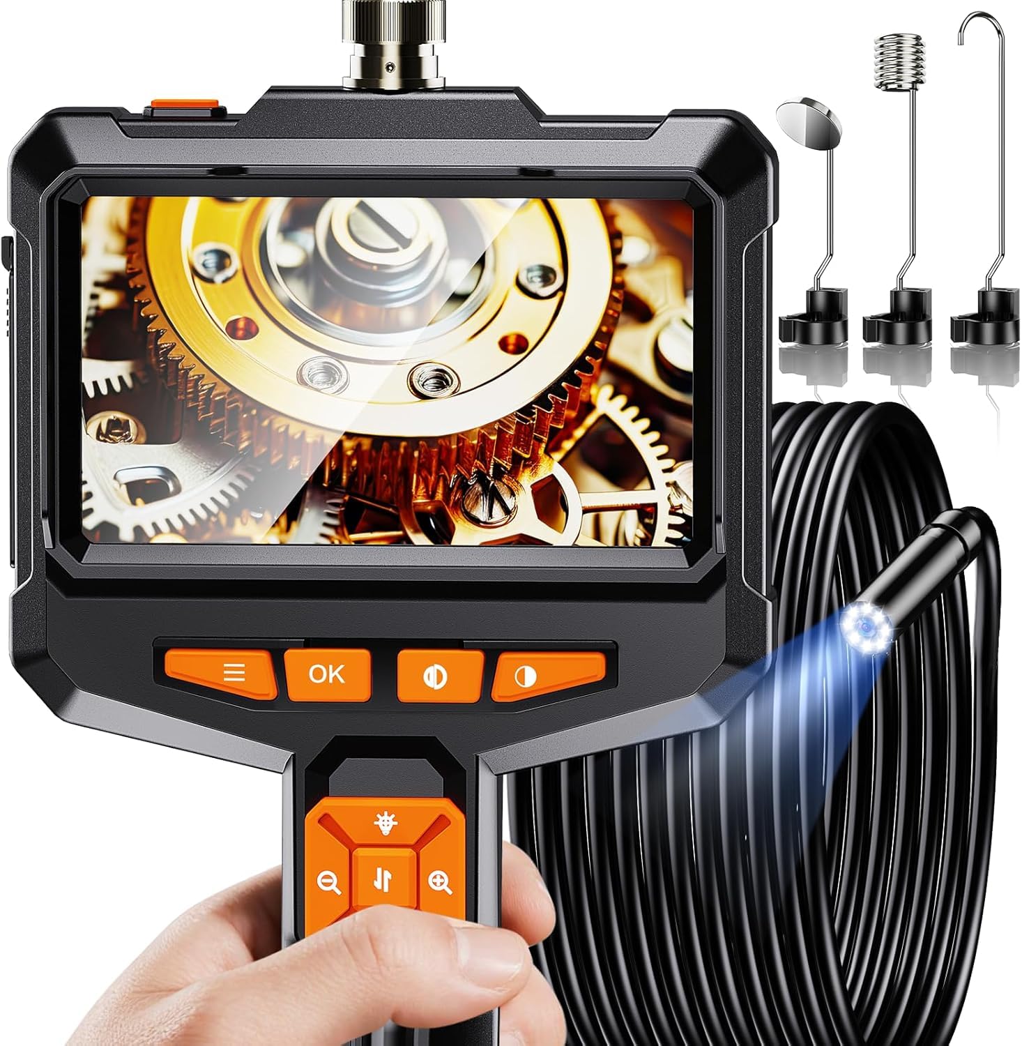 Endoskopkamera mit Licht 5M, 4,3-Zoll 1080P HD Endoskop Kamera Handy | Rohrkamera mit 8 Einstellbaren LED Licht, Ip67 Wasserdichtes Halbstarrer Inspektionskamera, Kanal-Kamera für Automobilmotor