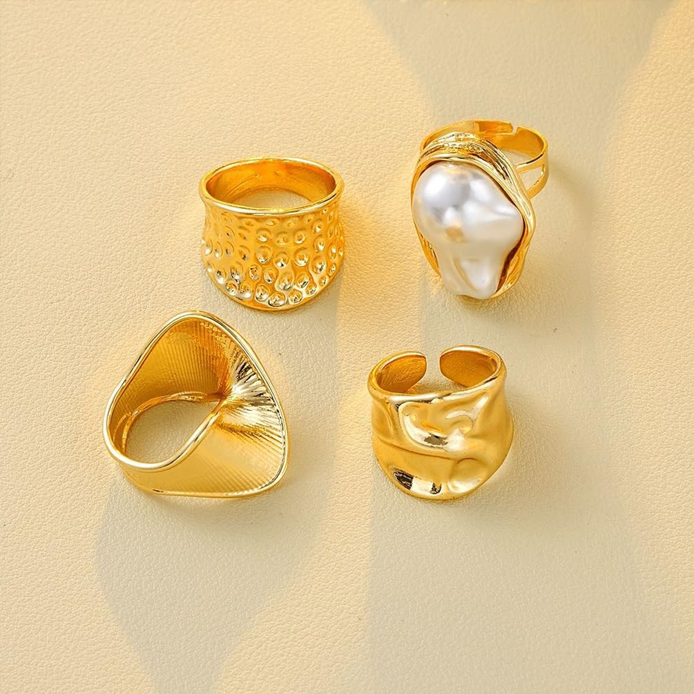 Chunky Gold Irregular Rings Stack Set for Women Statement Baroque Pearl Flower Stackable Knuckle Finger Ring Non Tarnish Boho Hammered Jewelry Gifts - Image 6