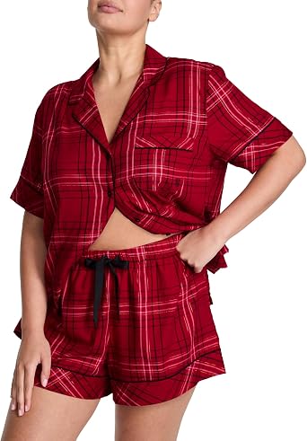 Victoria's Secret Women's Flannel Pajama Set, Short Sleeve Button Down Shirt & Shorts