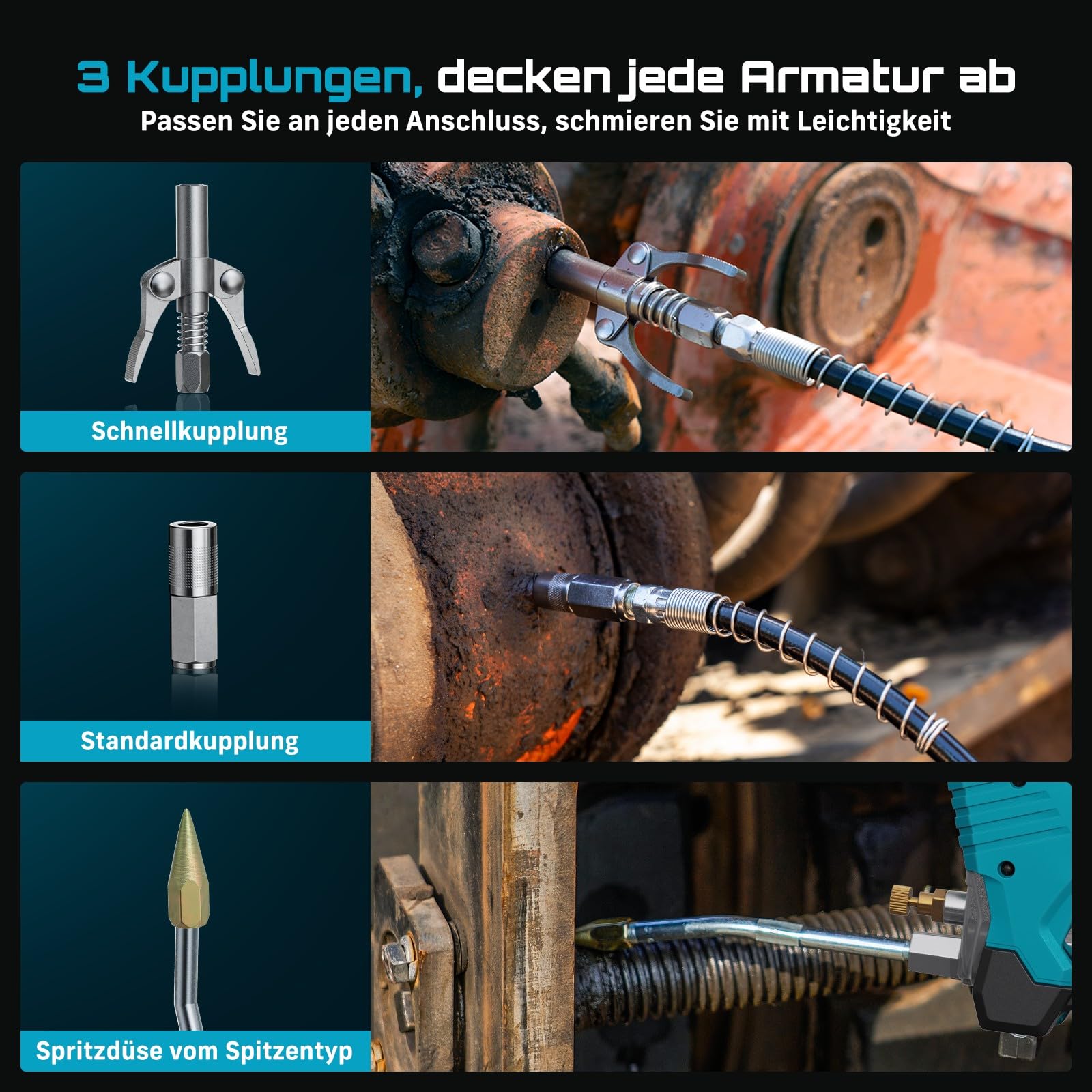 Seesii 12000PSI Akku Fettpresse Set mit 2 Akkus (und kompatibel mit Makita 18V Akku), 3 Geschwindigkeiten, Bürstenlosem Motor, 3 Mundstück, 1m langem Schlauch, 90-Grad-Adapter und LED-Leuchte
