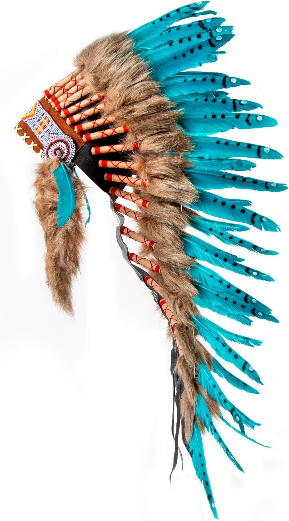 Pink Pineapple Handcrafted Native American Inspired Feather Headdress Medium Length, Turquoise with Black Spots