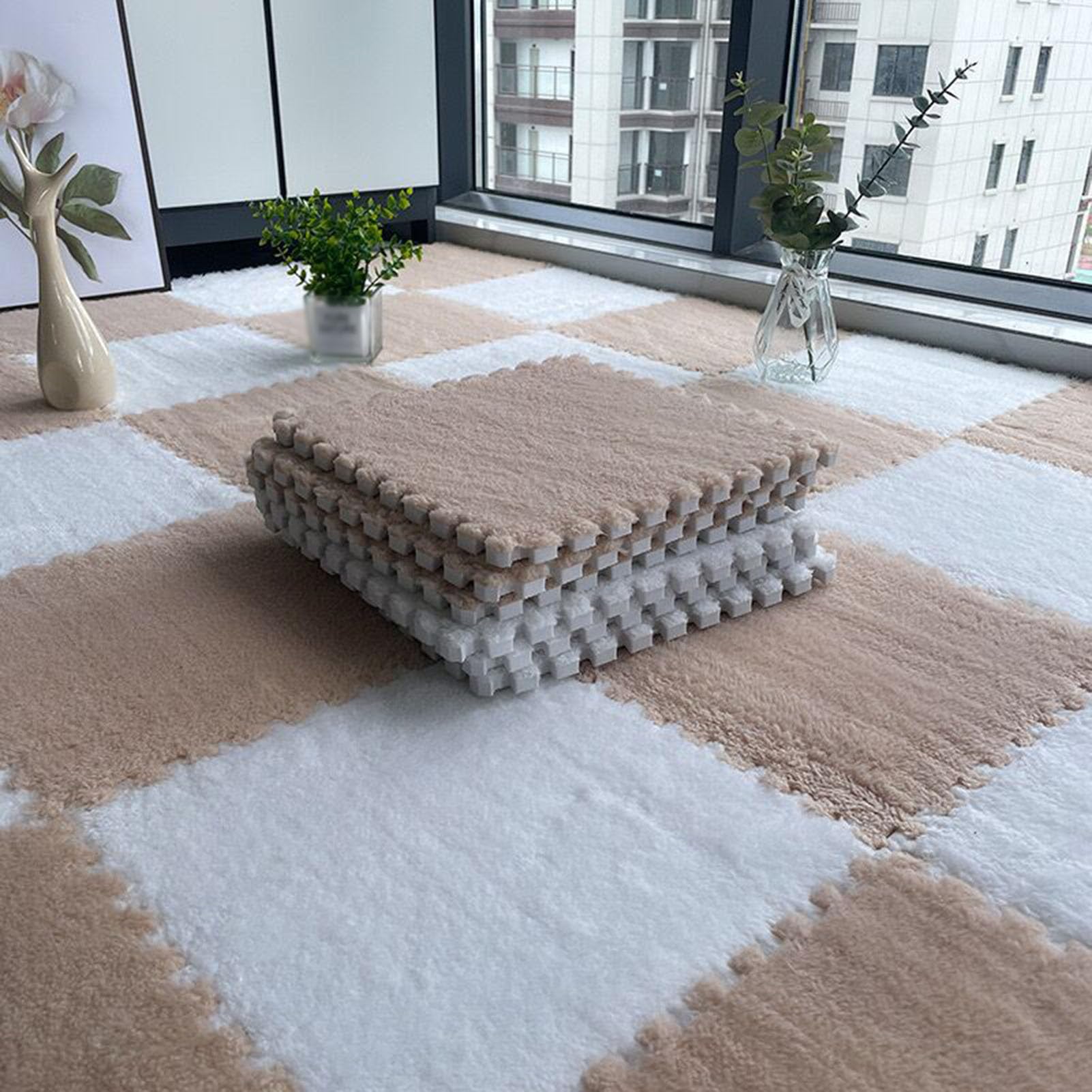 Pluszowe płytki dywanowe z łączonych płytek piankowych 8 szt., pluszowa mata do układania puzzli DIY, antypoślizgowy dywan(Apricot+white)