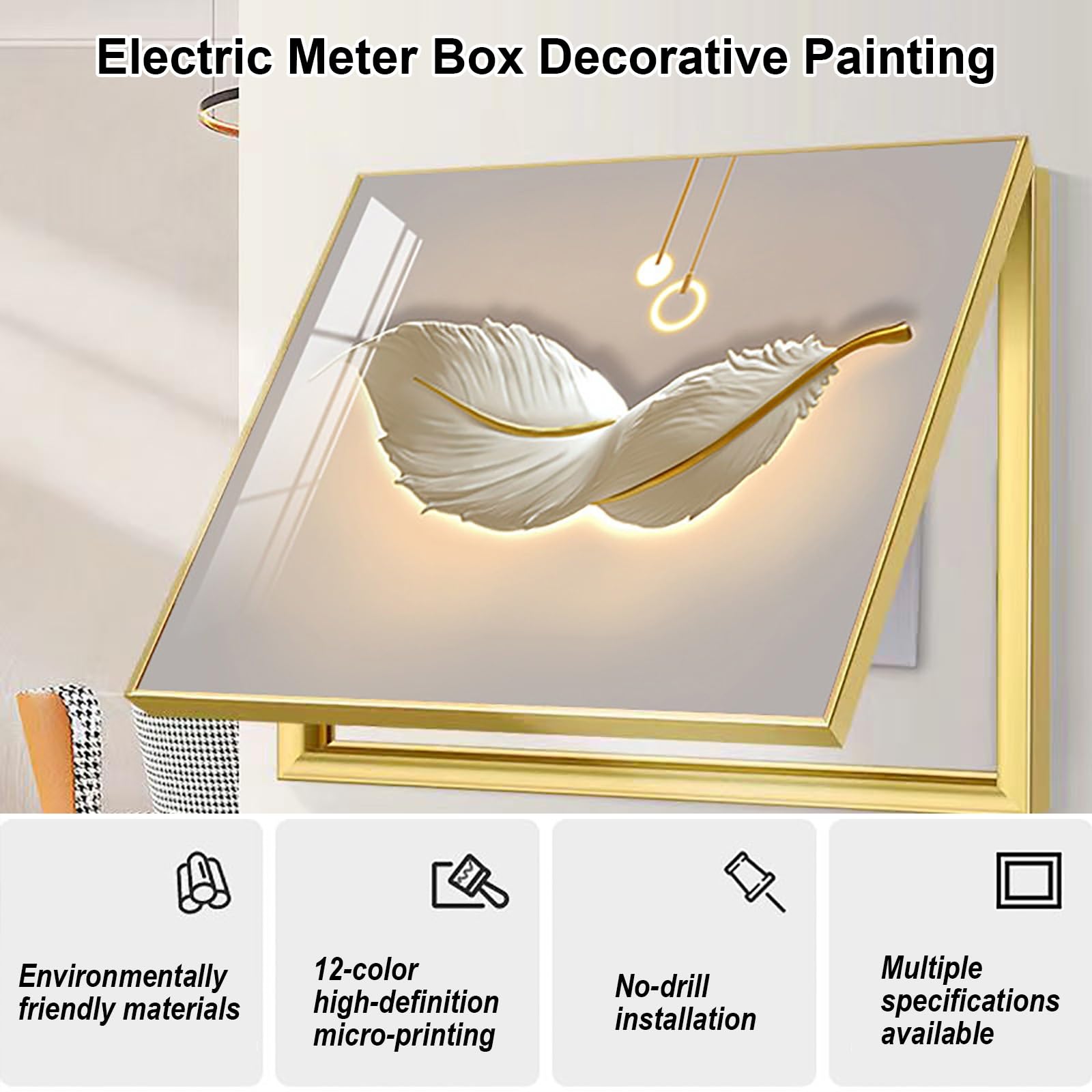 Copri Contatore Elettrico Interno Moderno, Copri Quadro Elettrico Decorativo, Copertura Quadro Elettrico a Muro con Motivo a Piuma(Black,40x30cm/16x12in)
