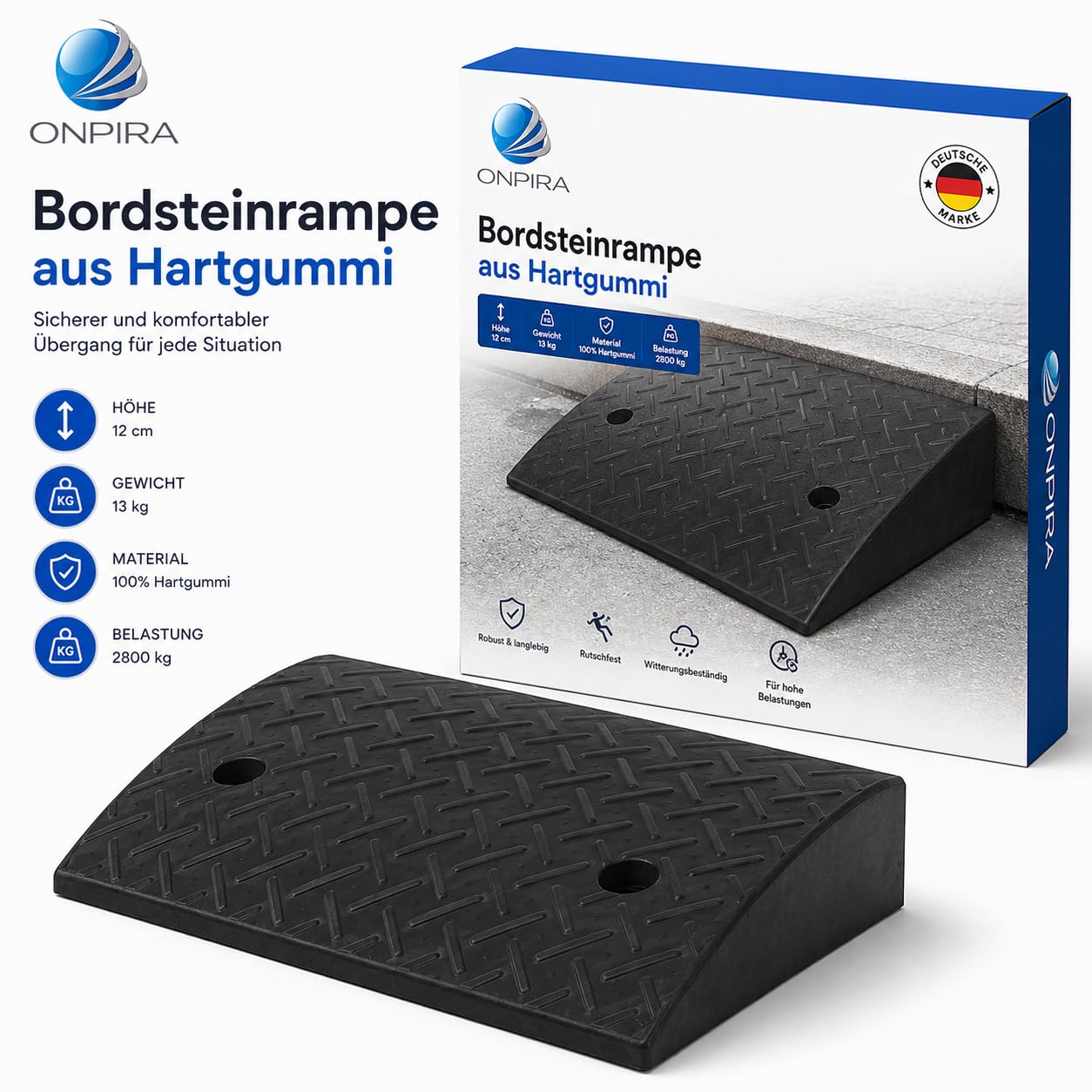 ONPIRA® Bordsteinrampe aus Hartgummi 12 cm Höhe, 42 cm breit | Auffahrrampe bis 2800 kg belastbar, Rutschfest, Für PKW, Anhänger, Motorrad, Rollstuhl & Sackkarre
