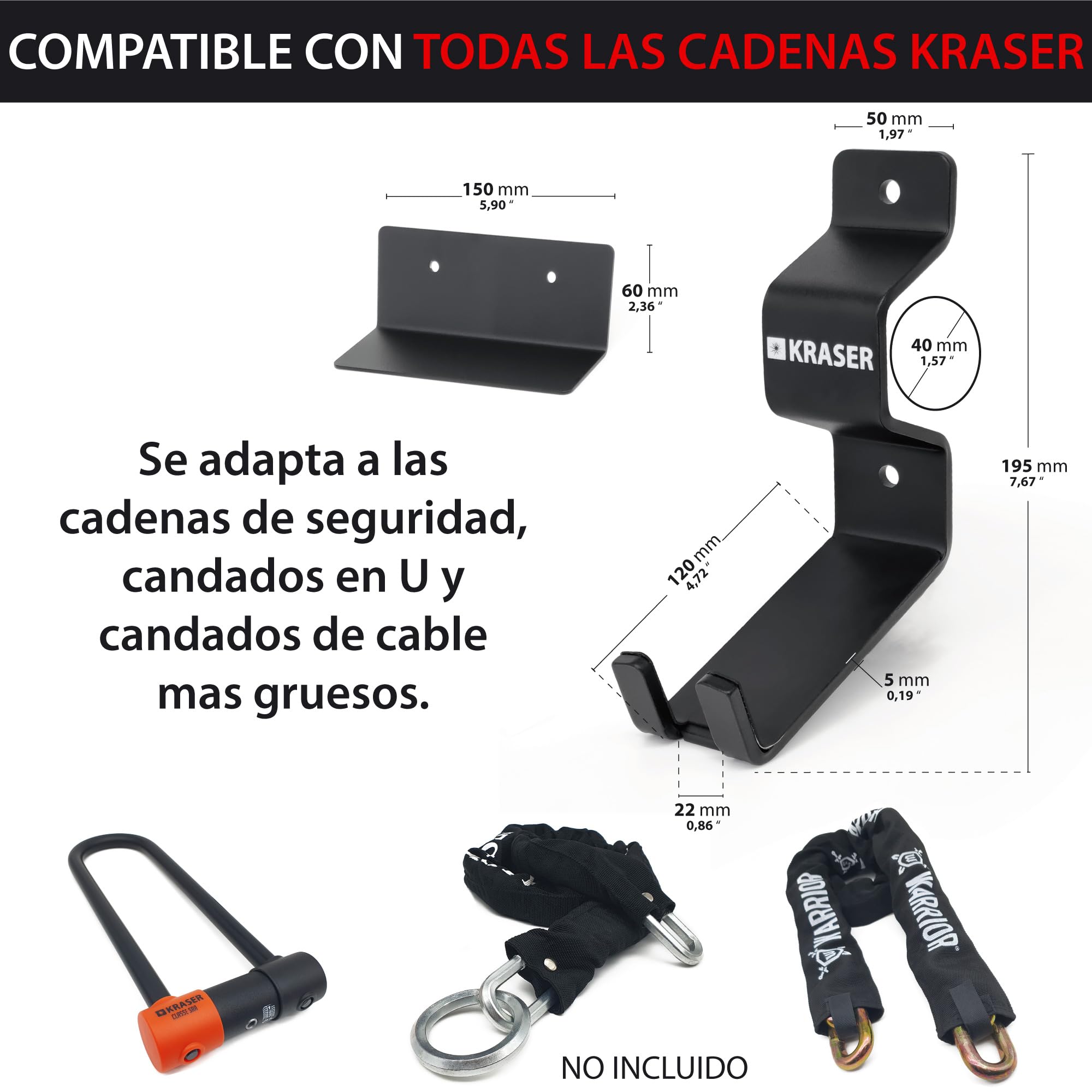 KRASER KR42P Soporte Bicicletas Pared con Anclaje Antirrobo 2en1 | Colgador Bicicleta por Pedal con Punto para Asegurar con Cadena | Doble Apoyo Rueda, Acero Reforzado 5mm | Compatible E-Bike MTB