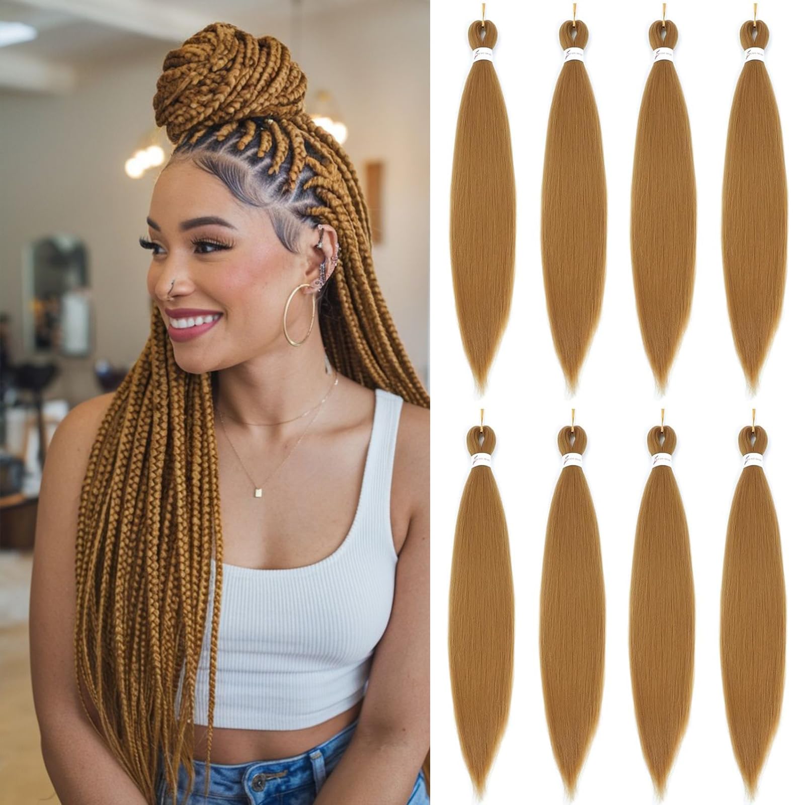 Blonde Braiding Hair 24 Inch 8 Packs Braiding Hair Pre Stretched For Braiding Twist Hair For Box Braids Hot Water Setting Soft Yaki Texture(24Inch,#27
