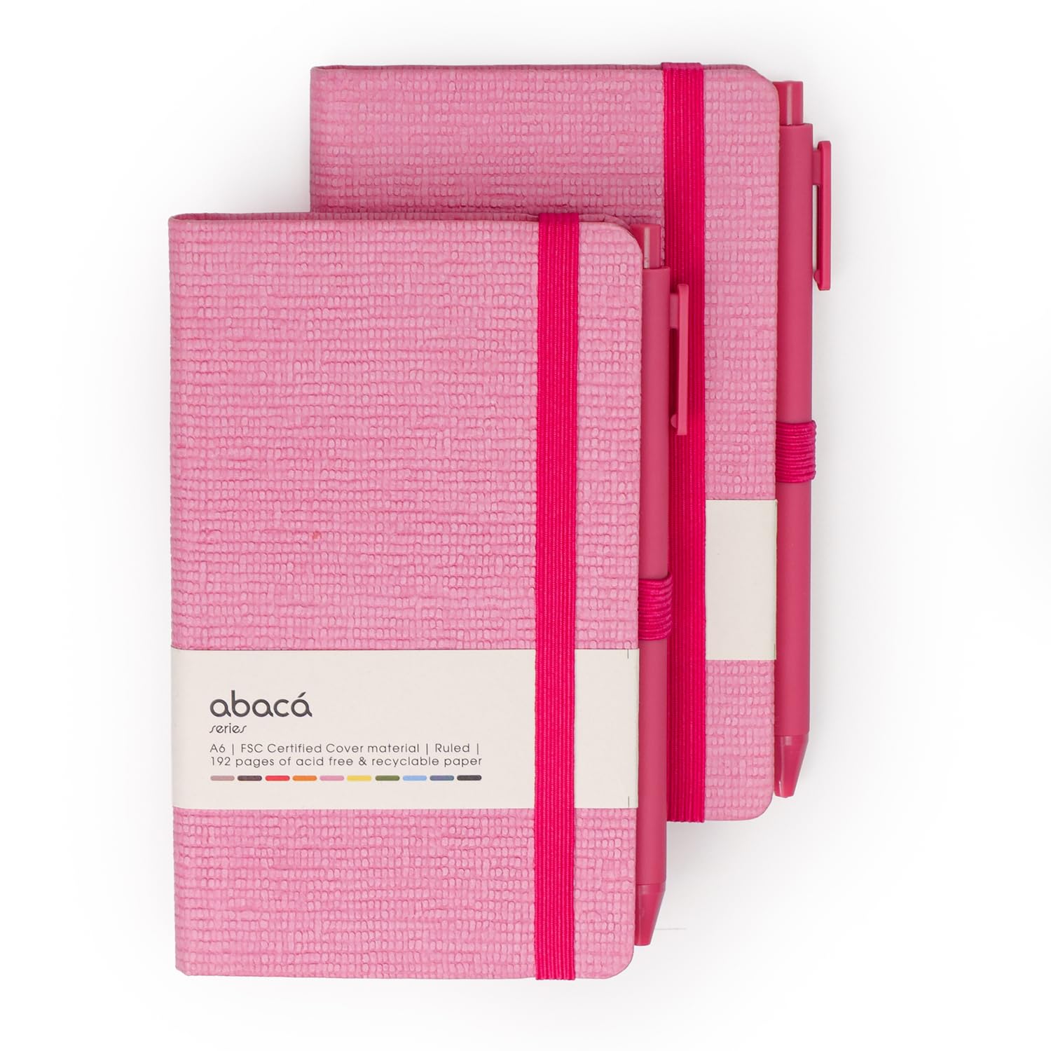 COMMA Abaca - Taccuino tascabile formato A6, rilegatura rigida, con chiusura a elastico, 192 pagine, carta ombreggiata naturale 80 g/m², copertina ruvida, confezione da 2, colore: rosa e rosa