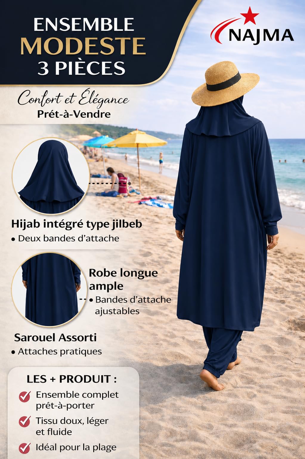 NAJMA Jilbeb de Bain Femme 3 Pièces – Burkini Modeste avec Hijab Intégré – Maillot de Bain Couvrant Anti-UV UPF50+ – Séchage Rapide, Respirant – Plage Piscine Sport