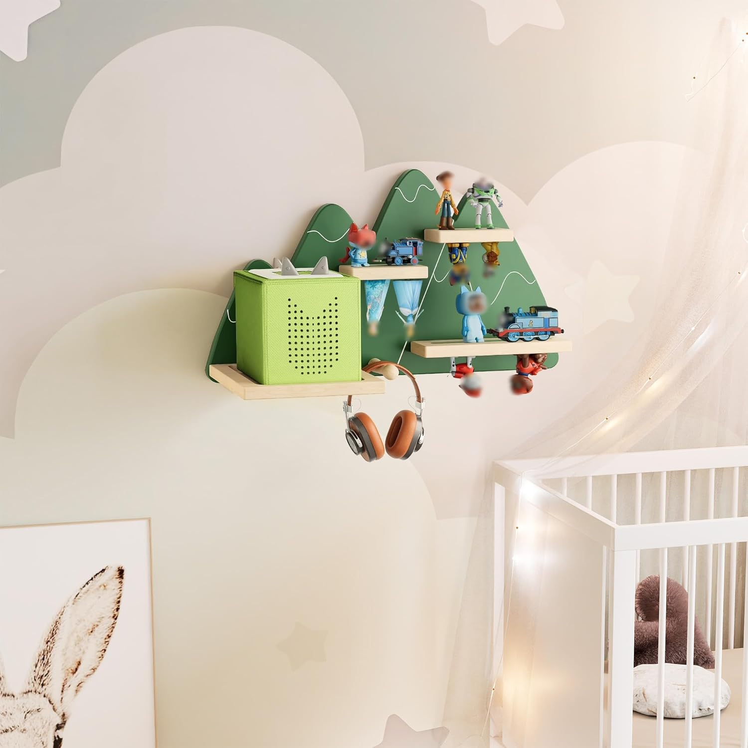 Tonie Wall Shelf (Mountain) for Toniebox, Tonies Figures Storage, Magnetic Wooden Floating Shelves Compatible with Tonie Box Player Character, Display Shelf for Children Kid's Room (Green)