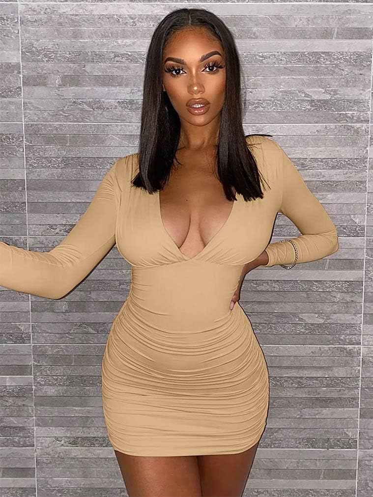 LAGSHIAN Women's Sexy Bodycon Long Sleeve V Neck Ruched Mini Club Dress - Image 3