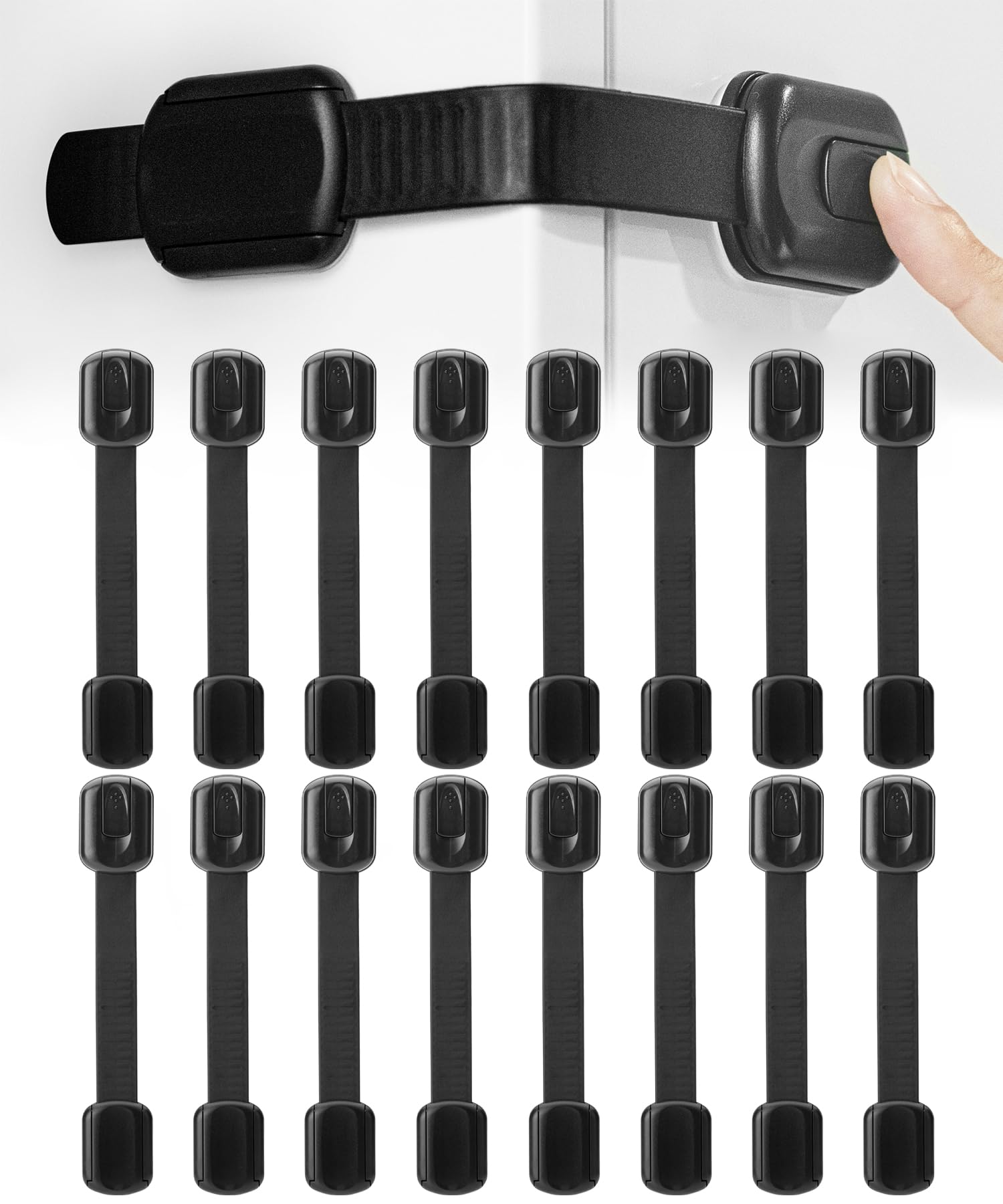 Bates- Child Safety Strap Locks, 16 Pack, Black, Baby Cabinet Locks with Adjustable Strap Length
