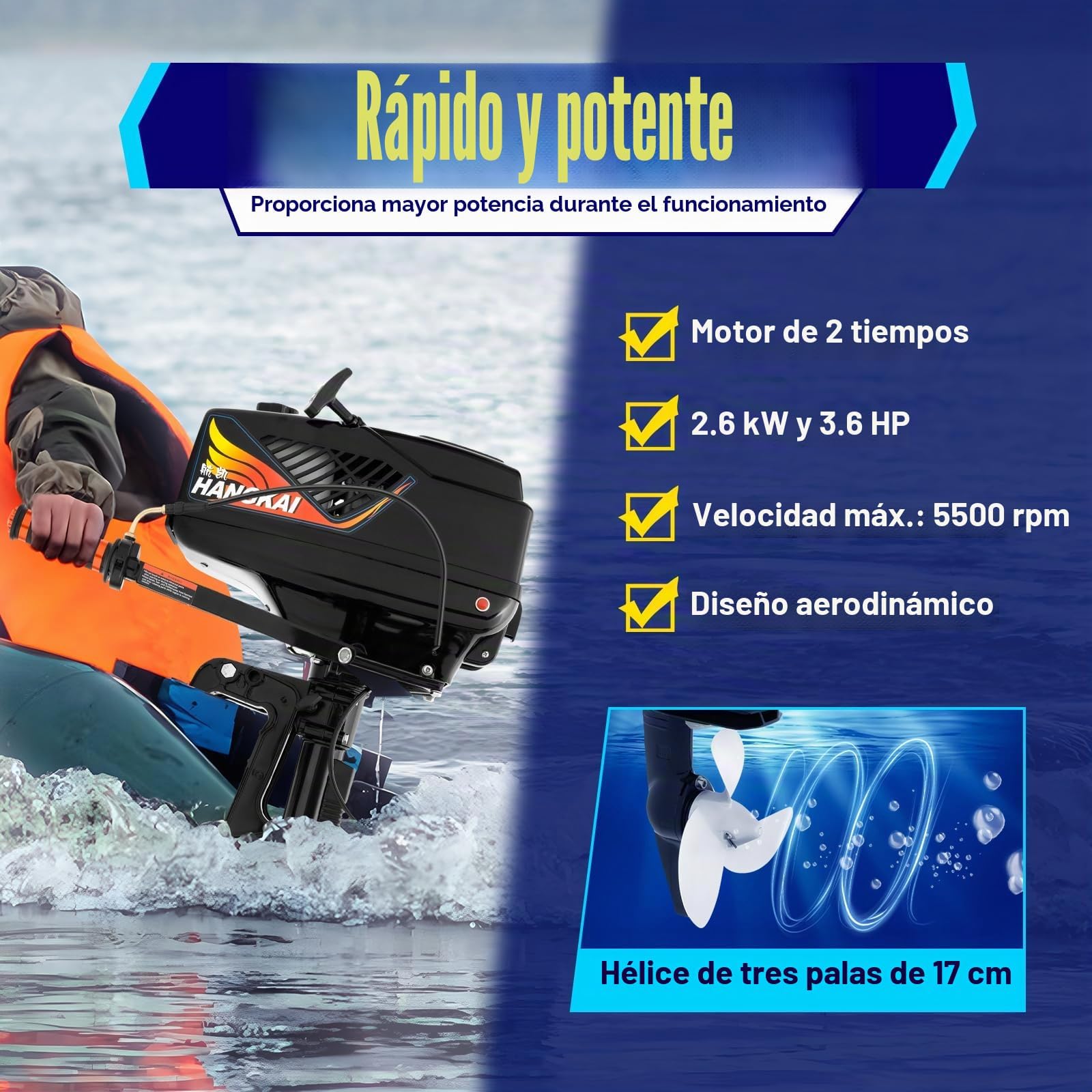 2.6kW Motor Tabla Paddle Surf, Motor Fueraborda 3.6 Cv, 2 Tiempos, 55cc con Potencia, Refrigeración por Aire, Arranque Manual, Hélice y Placa Antivórtice, Para Barcos Pequeños, Pesca O Lanchas