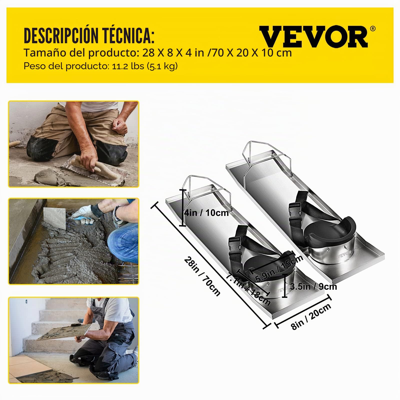 VEVOR Deslizadores de Hormigón de Acero Inoxidable y EVA 70 x 20 cm Pizarra Deslizante de Hormigón con Almohadillas, Correas y Hebillas Ensambladas Tablas Rodilleras para Pulir el Concreto 2 Piezas