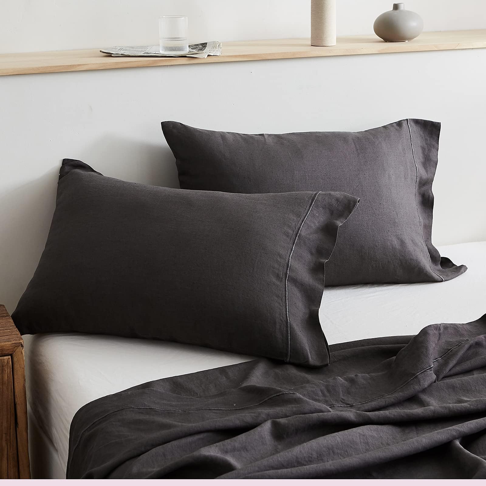 Simple&Opulence100% French Linen Pillowcase Queen Size-Set of 2- Washed Solid Color Pillow Cases Embroidered -Soft and Durable (Dark Grey, 20''x30'')OEKO-TEX STANDARD 100