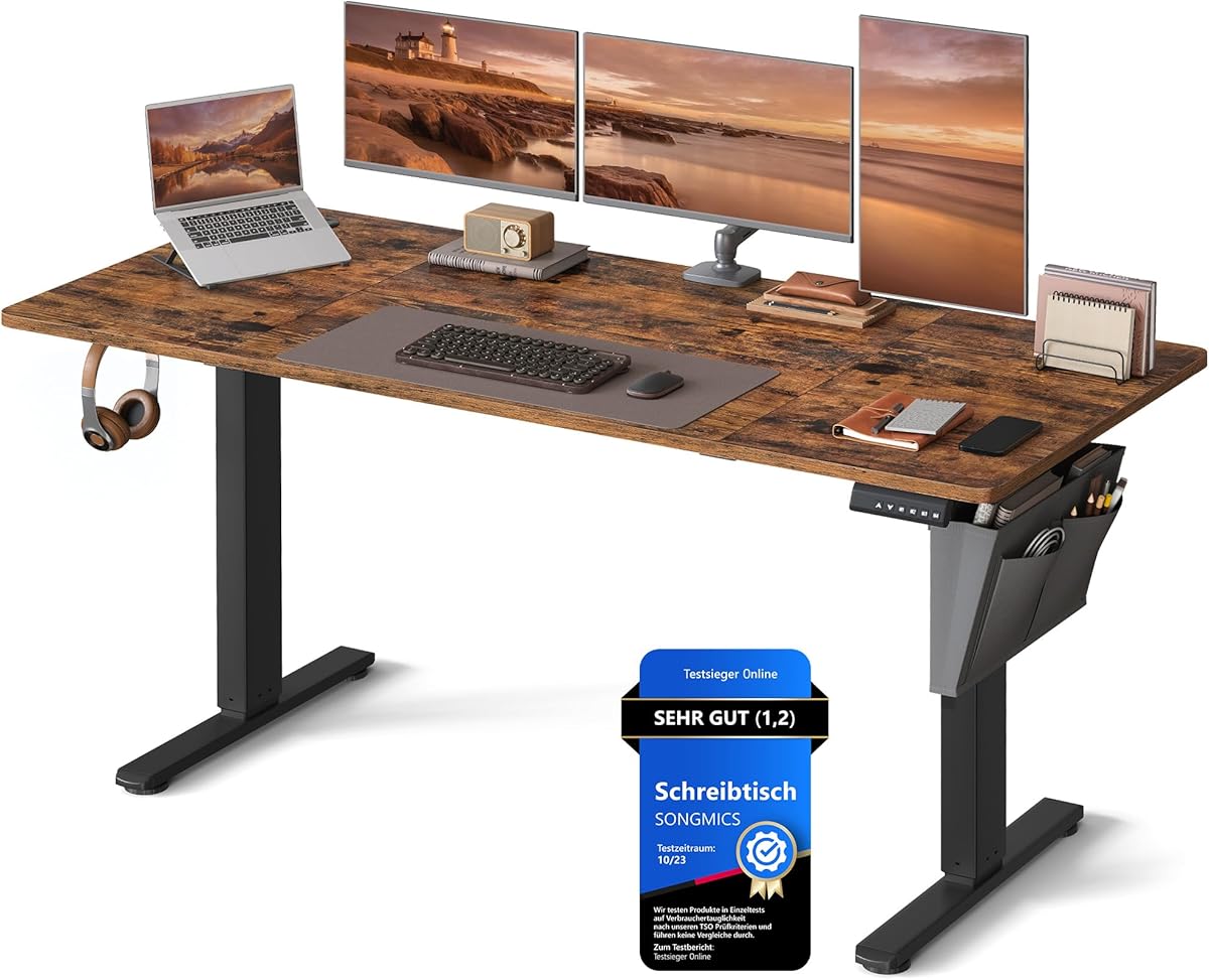 SONGMICS Höhenverstellbarer Schreibtisch elektrisch, 160 x 70 cm, stufenlos verstellbar, Memory-Funktion mit 4 Höhen, vintagebraun LSD136K01