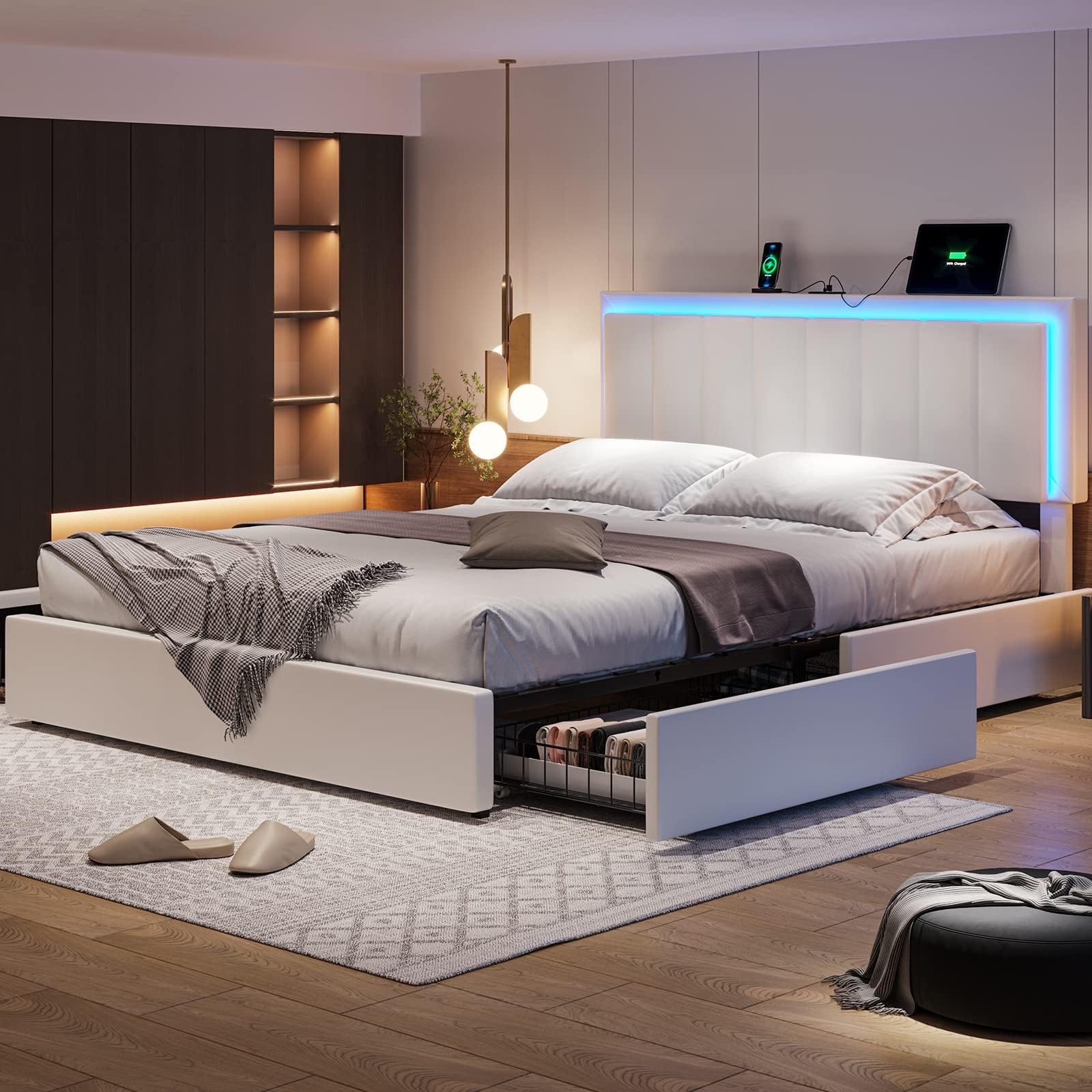 Hasuit White Full Bed Frame with 4 Storage Drawers, LED Light Full Size Bed Frame with Adjustable Headboard, Artificial Leather Upholstered Bed with Charging Station, No Box Spring Needed