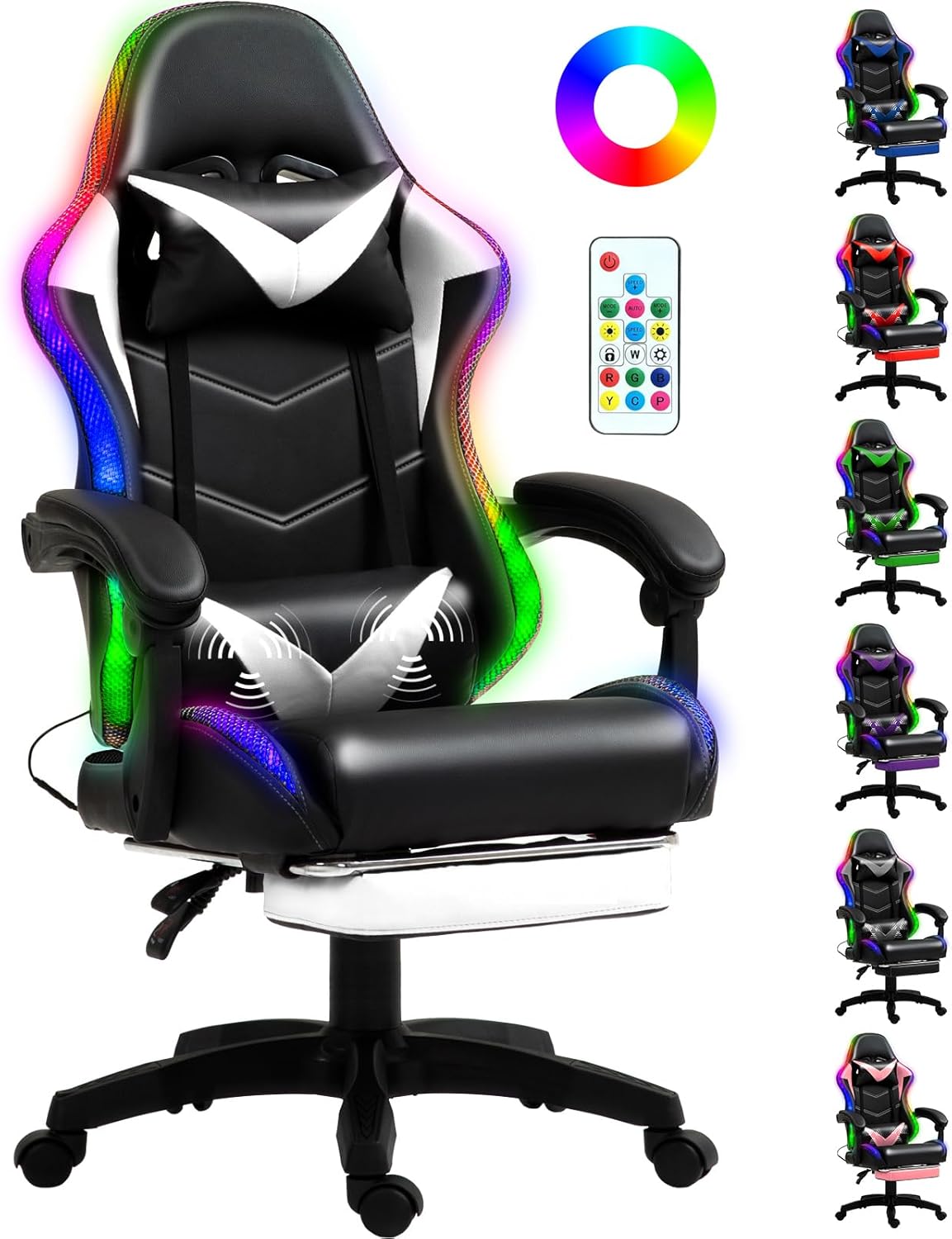 Gaming Chair, Racing Style RGB LED Lights Gaming Chairs for Adults and Kids, Lumbar Massager Gamer Chair, High Back Reclining Computer Chair with Footrest and Headrest (Black/White)