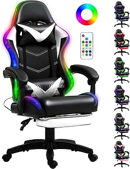 Gaming Chair, Racing Style RGB LED Lights Gaming Chairs for Adults and Kids, Lumbar Massager Gamer Chair, High Back Reclining Computer Chair with Footrest and Headrest (Black/White)