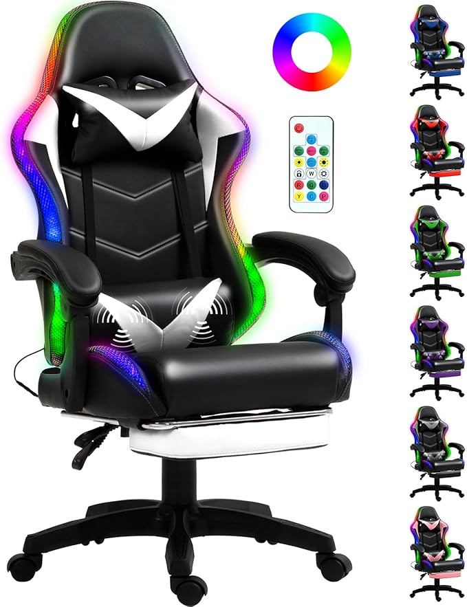 Gaming Chair, Racing Style RGB LED Lights Gaming Chairs for Adults and Kids, Lumbar Massager Gamer Chair, High Back Reclining Computer Chair with Footrest and Headrest (Black/White)