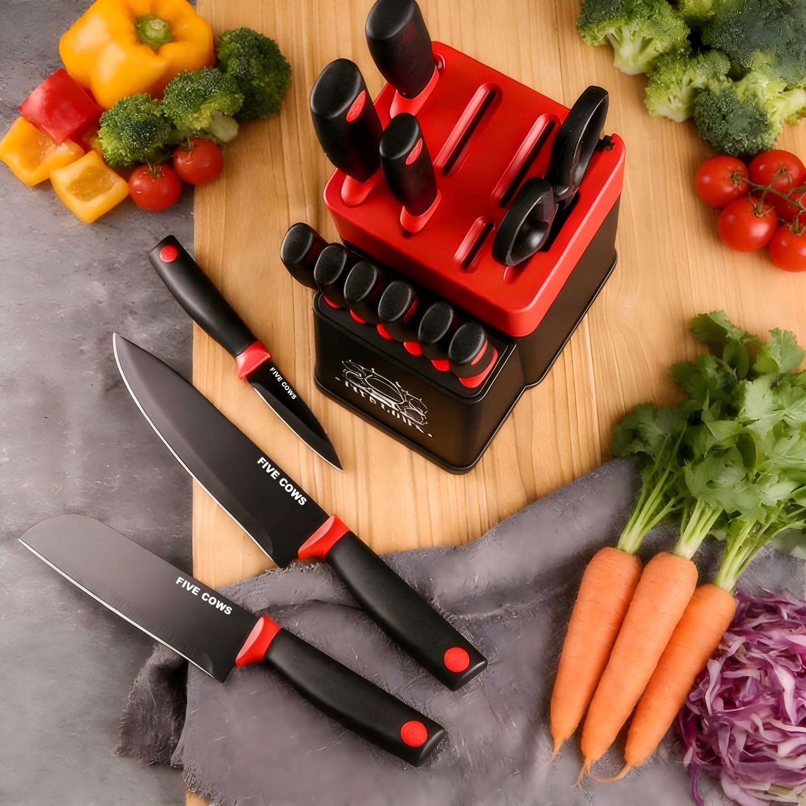 Couteau Cuisine, 14 pièces Couteaux de Cuisine avec Bloc, avec Aiguiseur Intégré, Set de Couteaux à Steak, X50CR15, Bloc Couteaux Cuisine avec à Pain, Couteau à Fruits et Ciseaux (Rouge)
