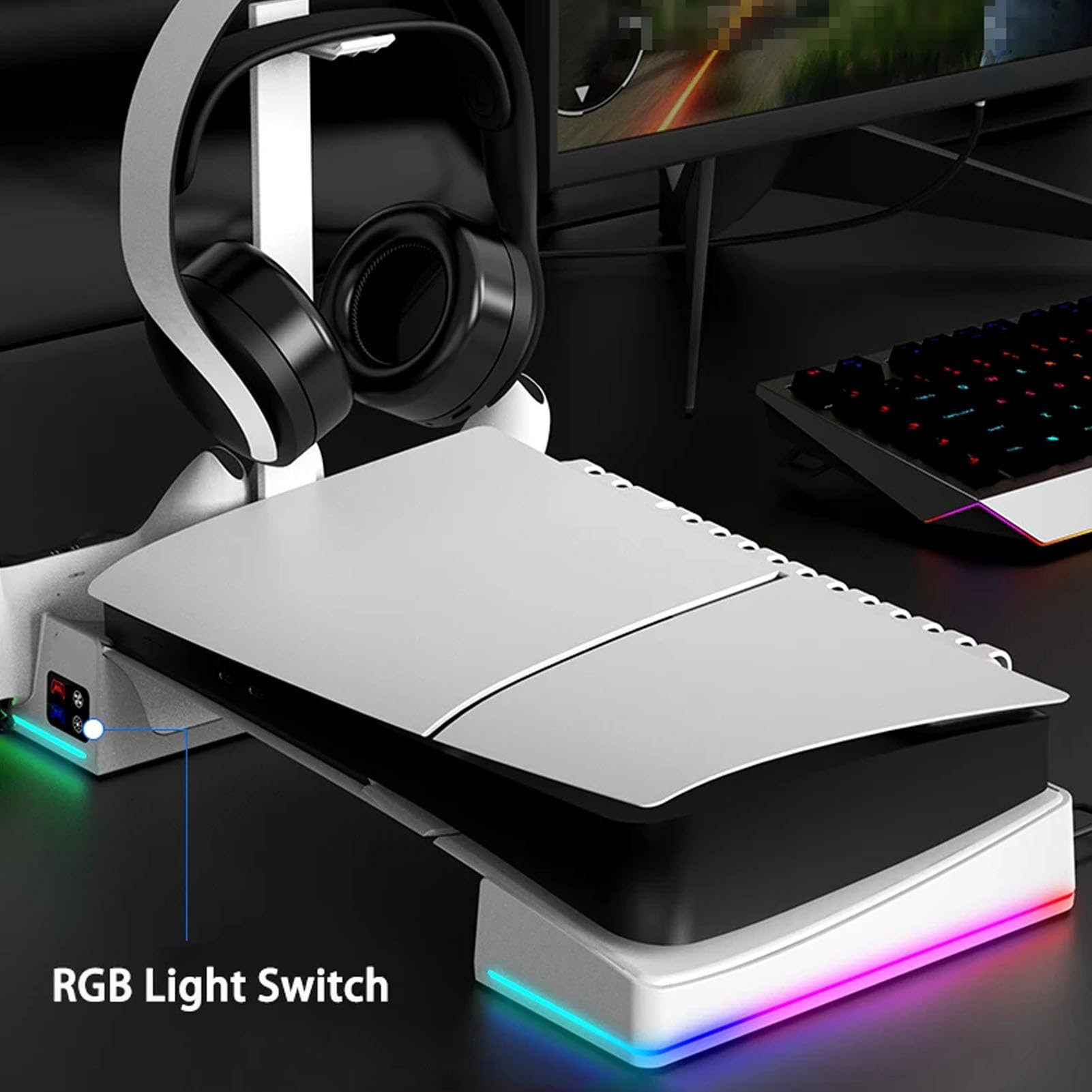 Soporte Horizontal con Ventilador de Refrigeración y Cargador Doble para Mandos, 14 Efectos de Iluminación RGB, Carga Rápida para Jugadores de Consola