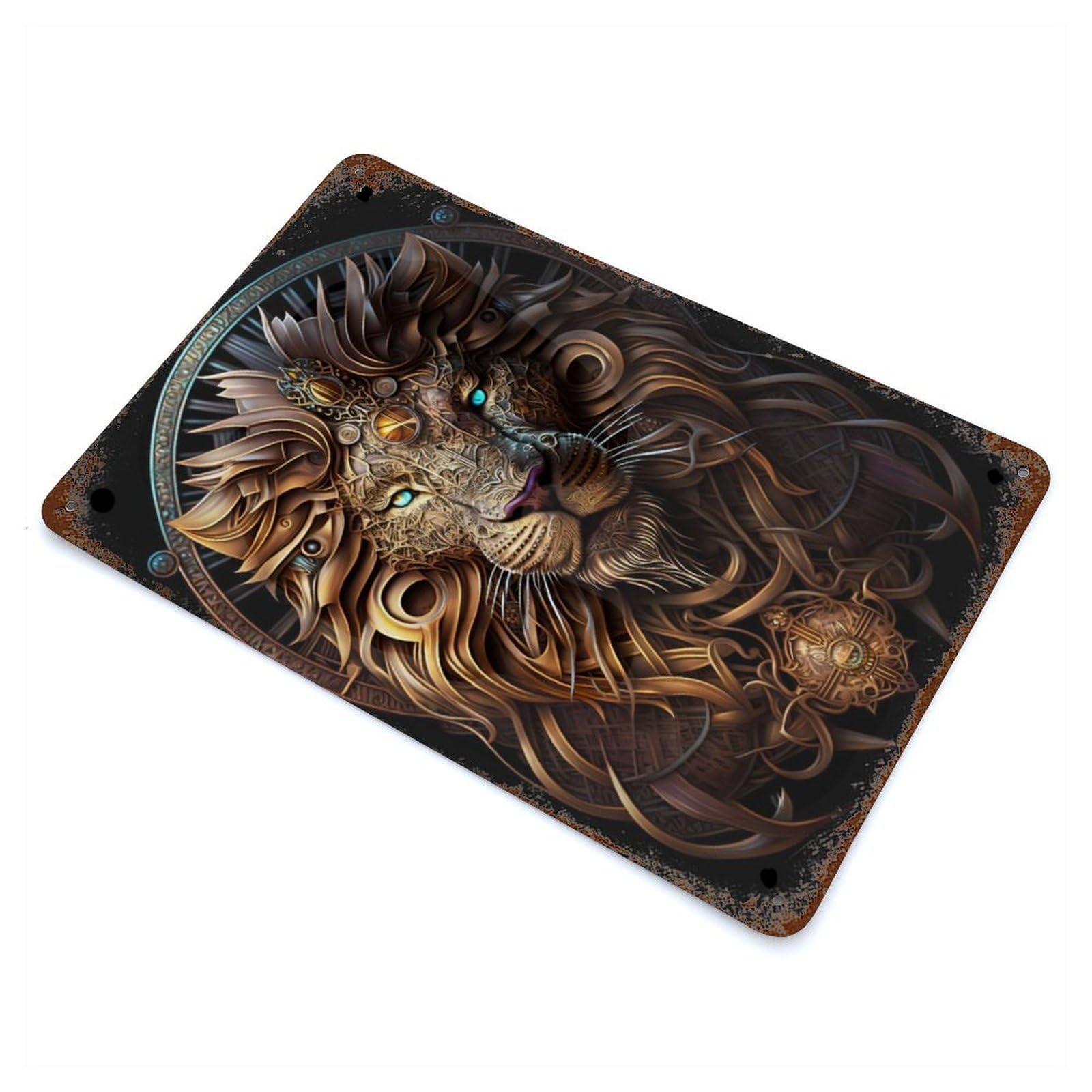 Mystical Cosmic Lion 11.8"x7.9" Aged Metal Wall Plaque, Classic Wall Plaque for Basement, Hobby Room And Garage Decor