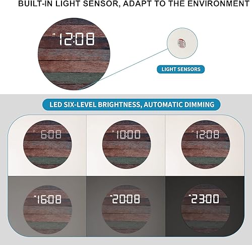 Miniatura 2 de Digital Wall Clock, USB Powered Vintage Plank Stripes Design, 1224Hr Wall Mounted Digital Clock, LED Wooden Silent Wall Clock for Kitchen Living