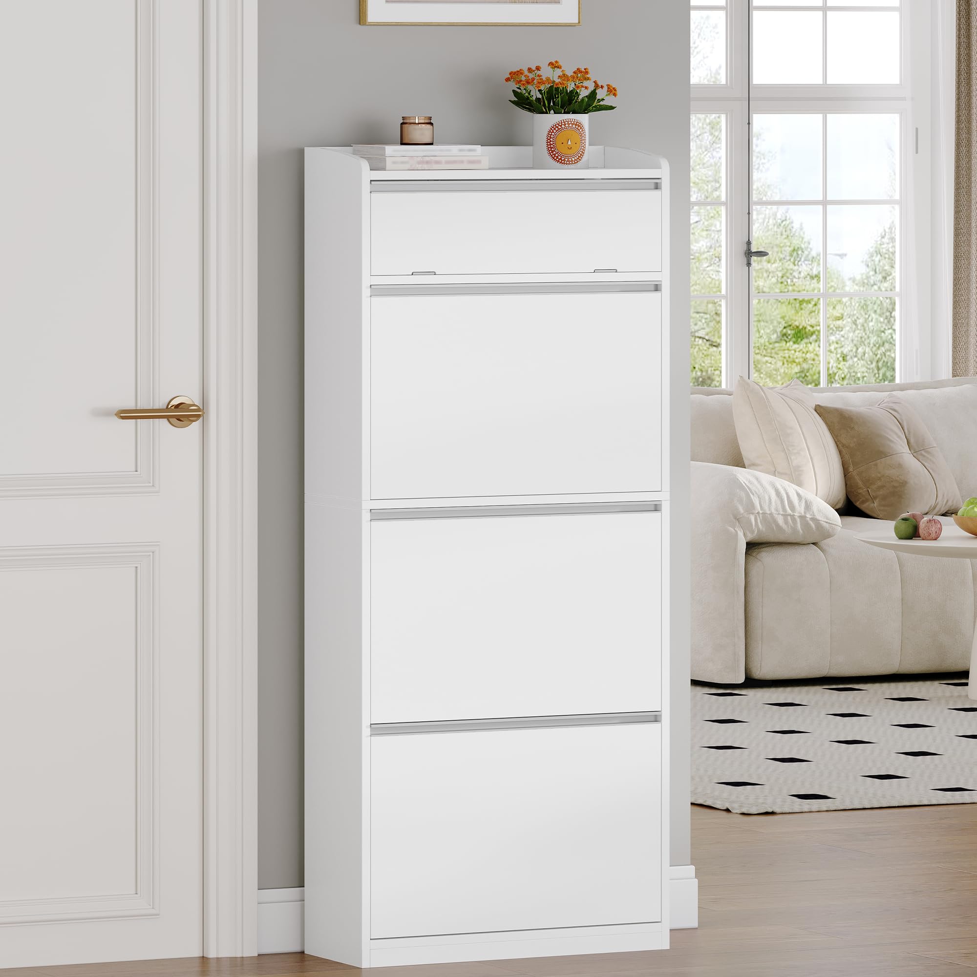 HEXCELEN Zapatero Estrecho con 3 Puertas Abatibles, Mueble para Zapatos con Compartimento Abatible, Separador Ajustable, para 12-18 Pares, para Pasillo, Entrada, 60 x 24 x 145 cm, Blanco