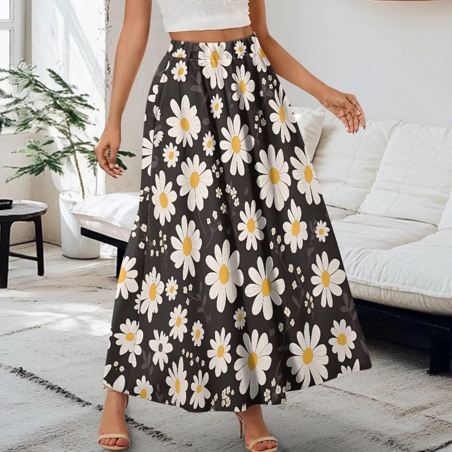 Hawaiian Style Maxi Skirts for Women with Double Pockets Long Skirt High Waist for Travel and Lounging
